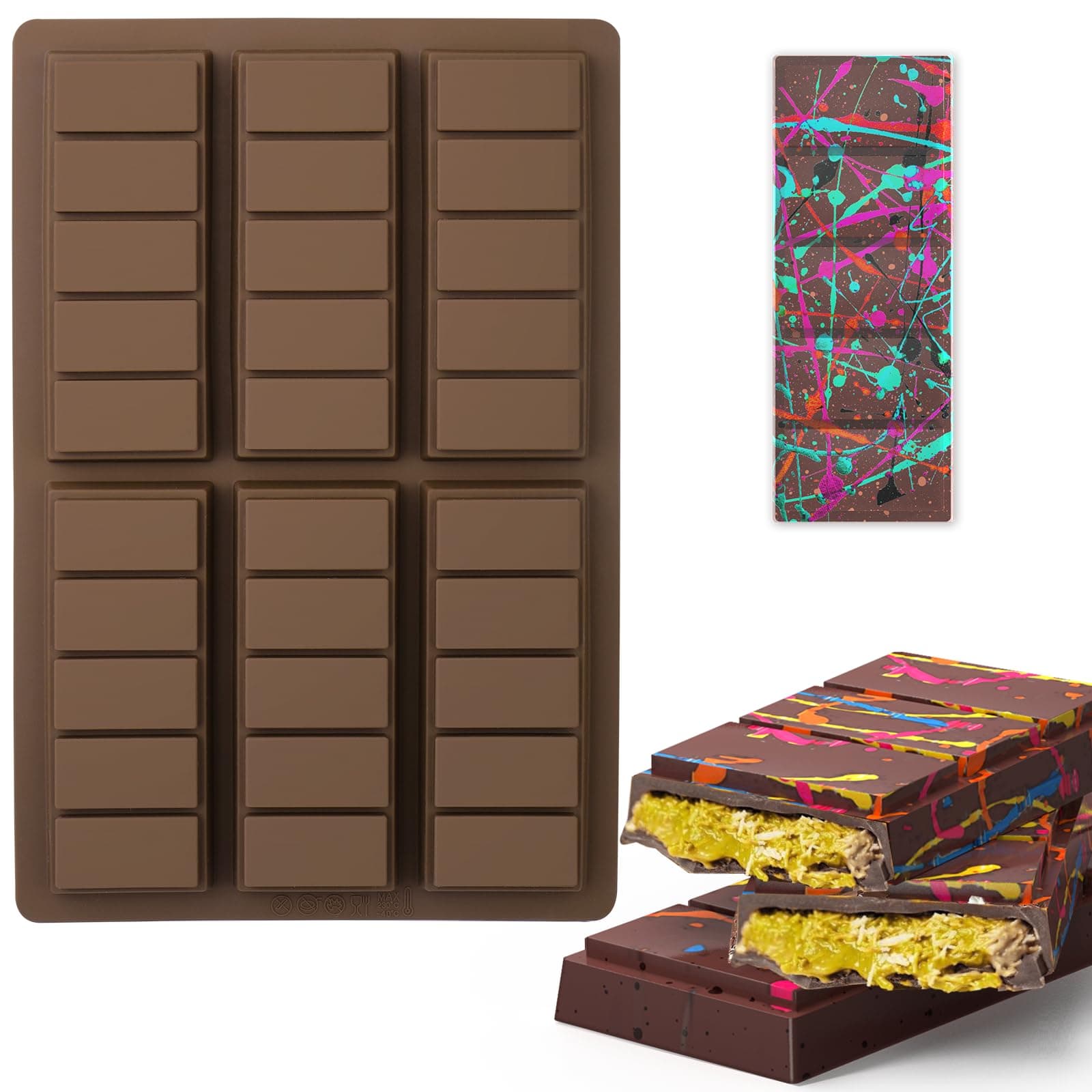 BABORUI 6 Cavities Chocolate Bar Mold Deep with 100Pcs Bags, Thick Chocolate Bar Mold for Stuffed Bar, Silicone Chocolate Mold for Filling Knafeh Pistachio Chocolate Bar(5 Snap), Rectangular, H-455-1