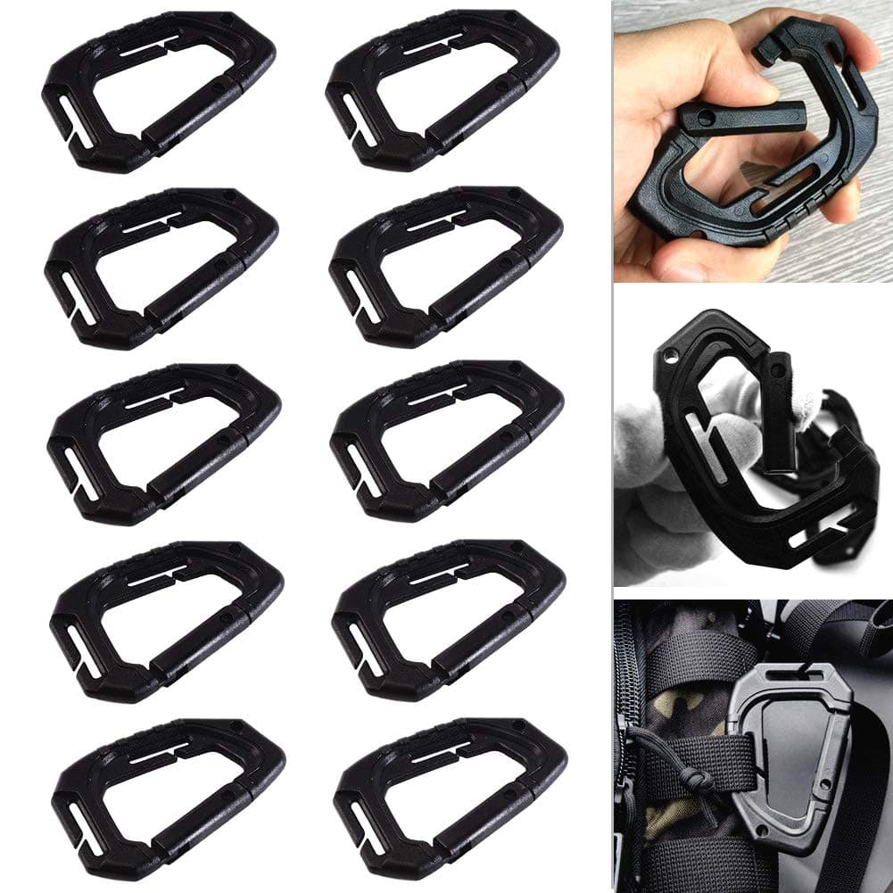 10Pcs Multipurpose Molle Tactical D Ring Clips Carabiner D-Ring Locking Buckle Hanging Hook Tactical Carabiner Keychain Spring Lock Buckle Tactical Backpack (Black)