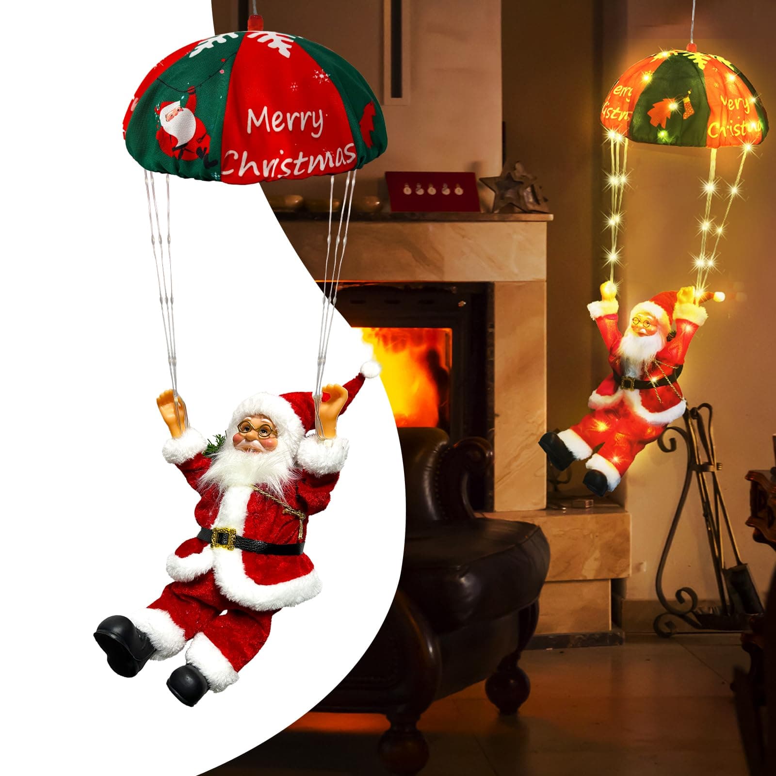 2024 Christmas Decorations, 23.6" Hanging Parachute Santa Claus Lights, 8 Lighting Modes Lighted Santa with String Light for Xmas Tree 16.5Ft Wire Plug, Novelty Ornaments for Home, Stairway