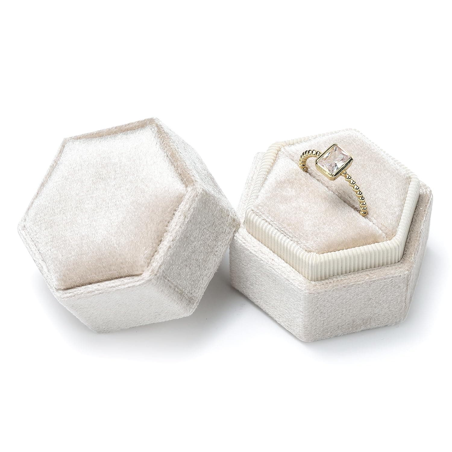 Etercycle Velvet Ring Box - Vintage Hexagon Premium Jewelry Display Holder Gift Box with Detachable Lid for Wedding Ceremony Proposal Engagement (Beige, 1 Slot)