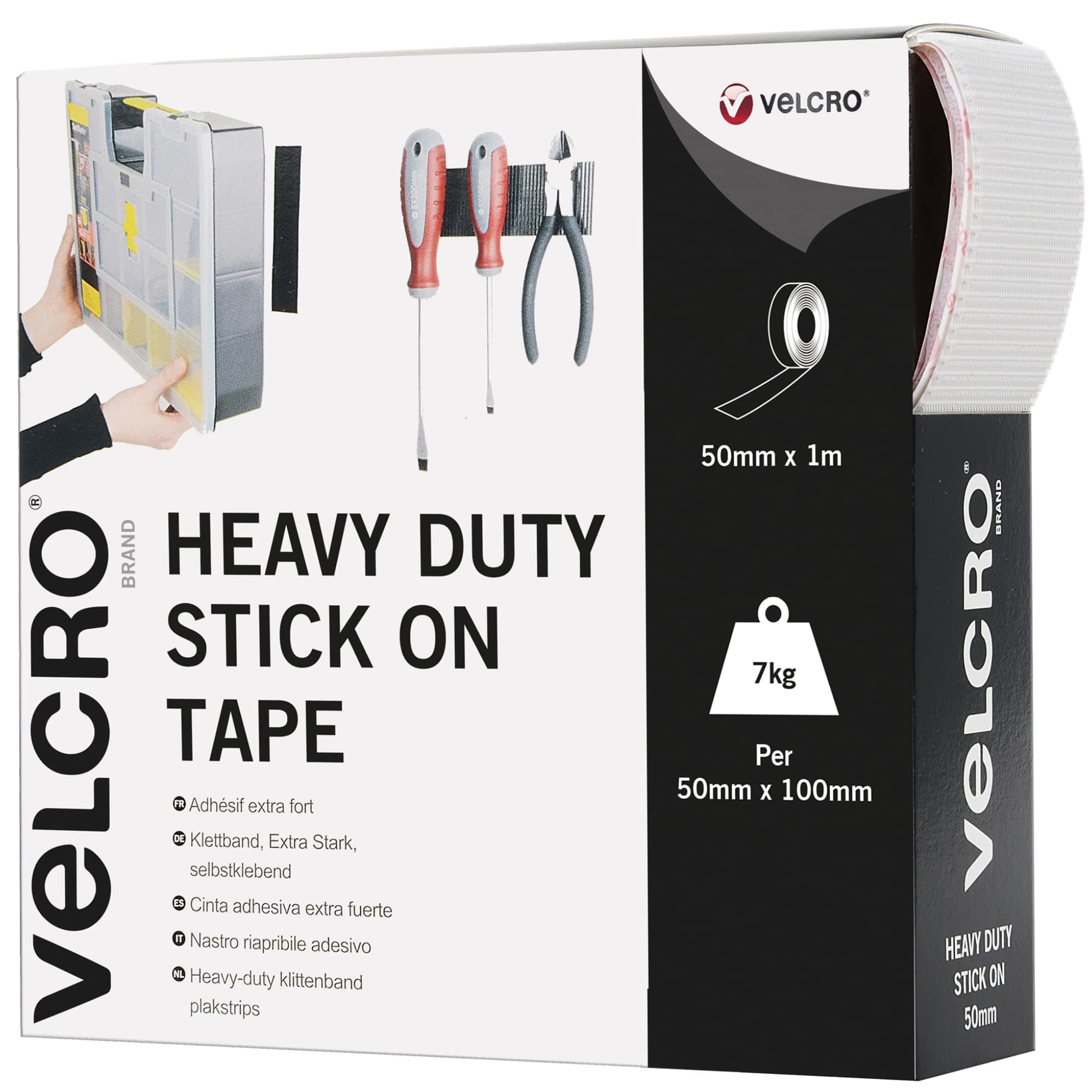 Brand, Heavy Duty Stick On Tape, Cut-to-Length Industrial Extra Strong Double Sided Hook & Loop Self Adhesive Tape Perfect for Room Décor & Home, Office, Garage Use, White, 50mm x 1m