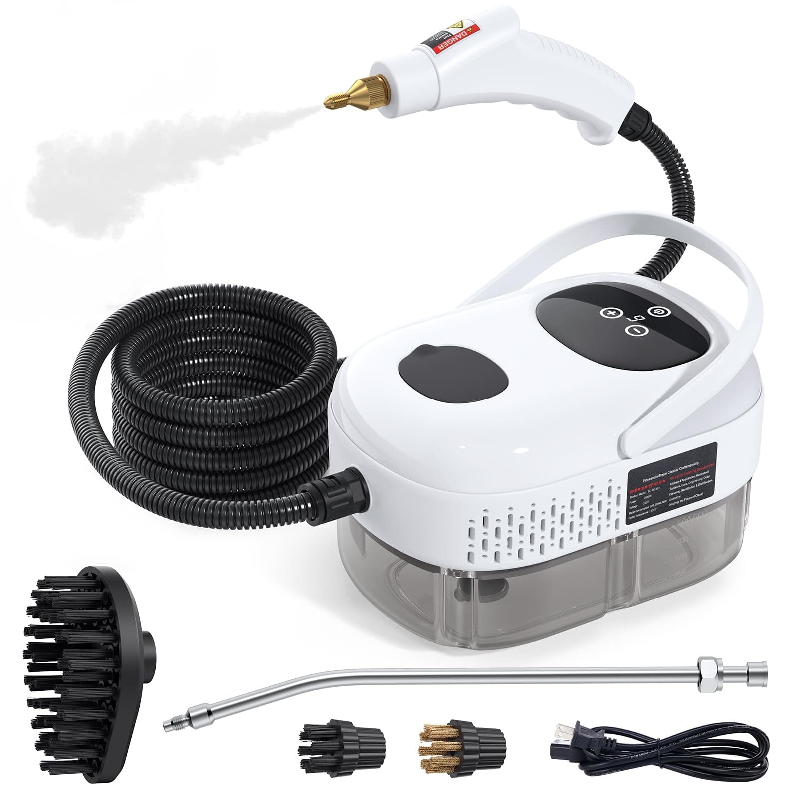 Irishom 2500W Steam Cleaner, High Pressure High Temperature Steam Cleaning Machine, 1000ml, 3 Bar with 3 Brush Heads (White)