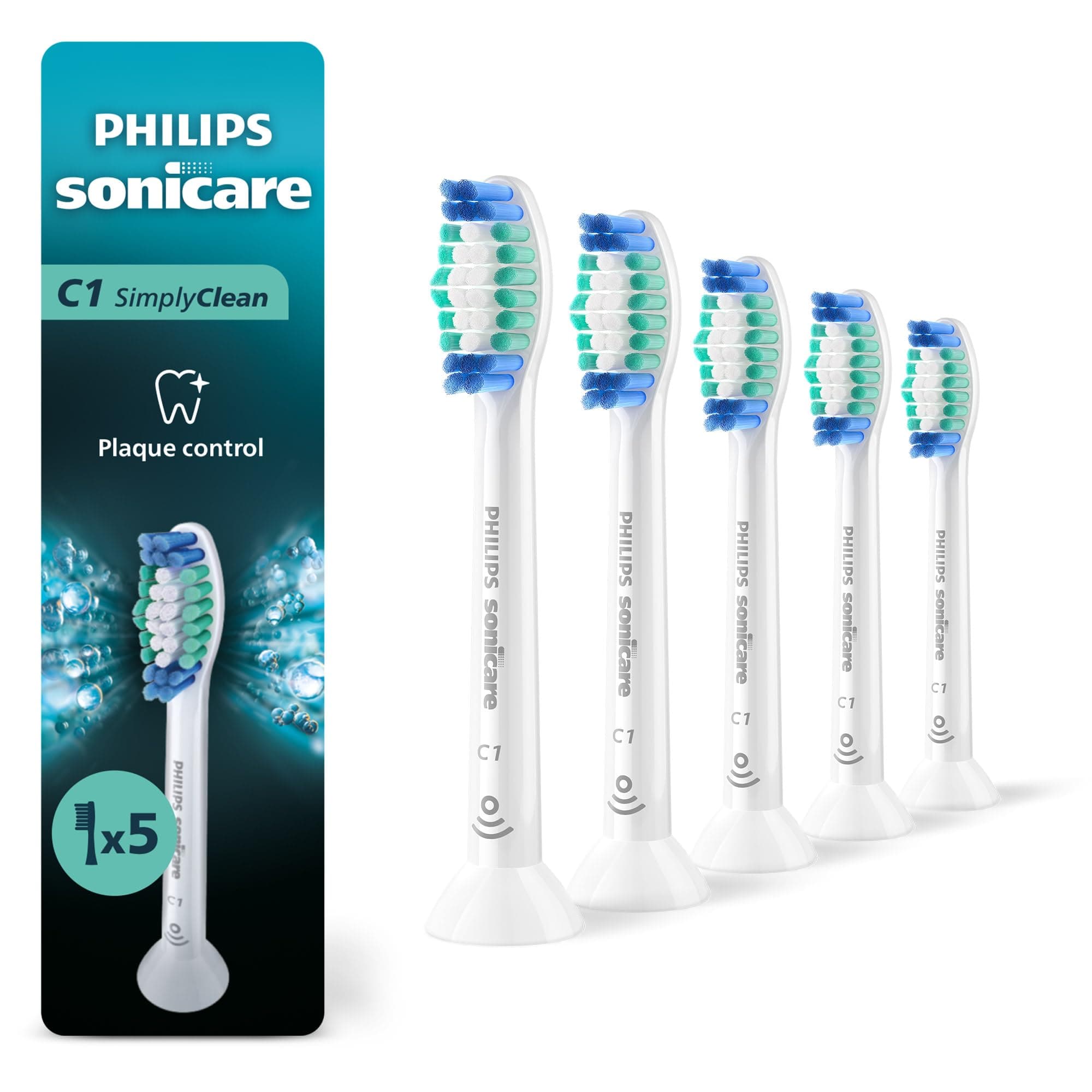 Philips Sonicare Genuine SimplyClean Replacement Toothbrush Heads, 5 Brush Heads, White, HX6015/03