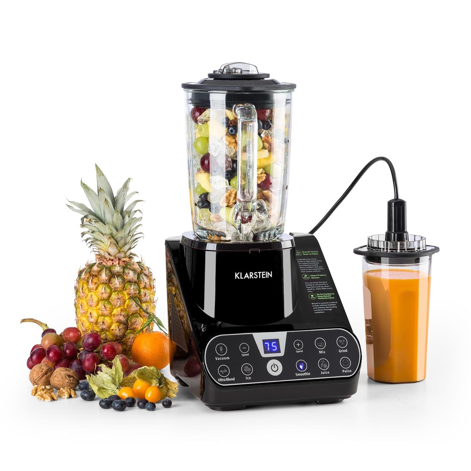 Klarstein Airakles Vacuum Stand Mixer - Blender, 1300W, 26000 RPM, 1.5 Liter Glass Jug, Vacuum Function, 7 Programs, 6 Power Levels, Pulse, Stainless Steel Mechanism, 6 Blades, Black