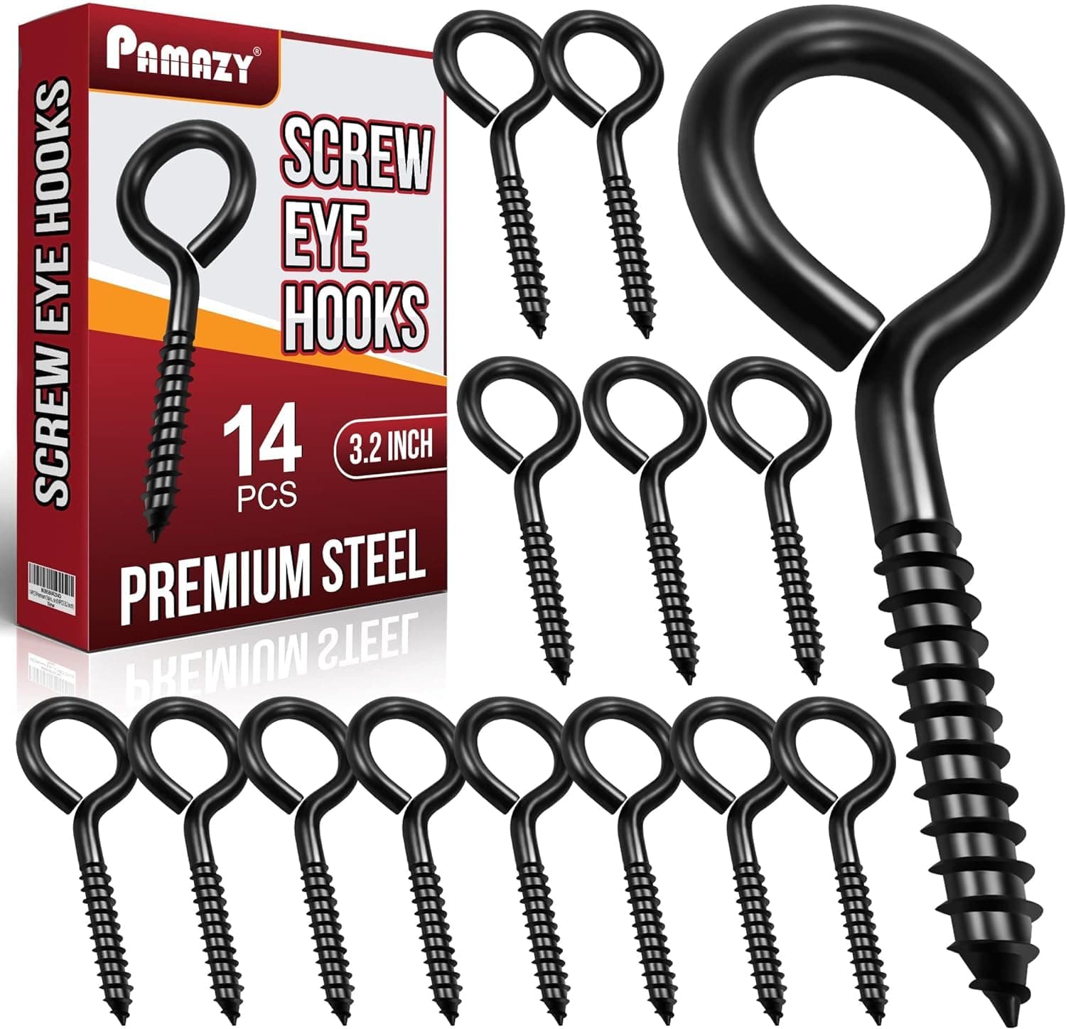 PAMAZY14PCS Screw Eyes, 3.2 Inch Black Eye Hooks Screw Self Tapping Eye, Heavy Duty Eye Bolt for Wood Securing Cables Wire, Hammock Stand, Indoor & Outdoor Use