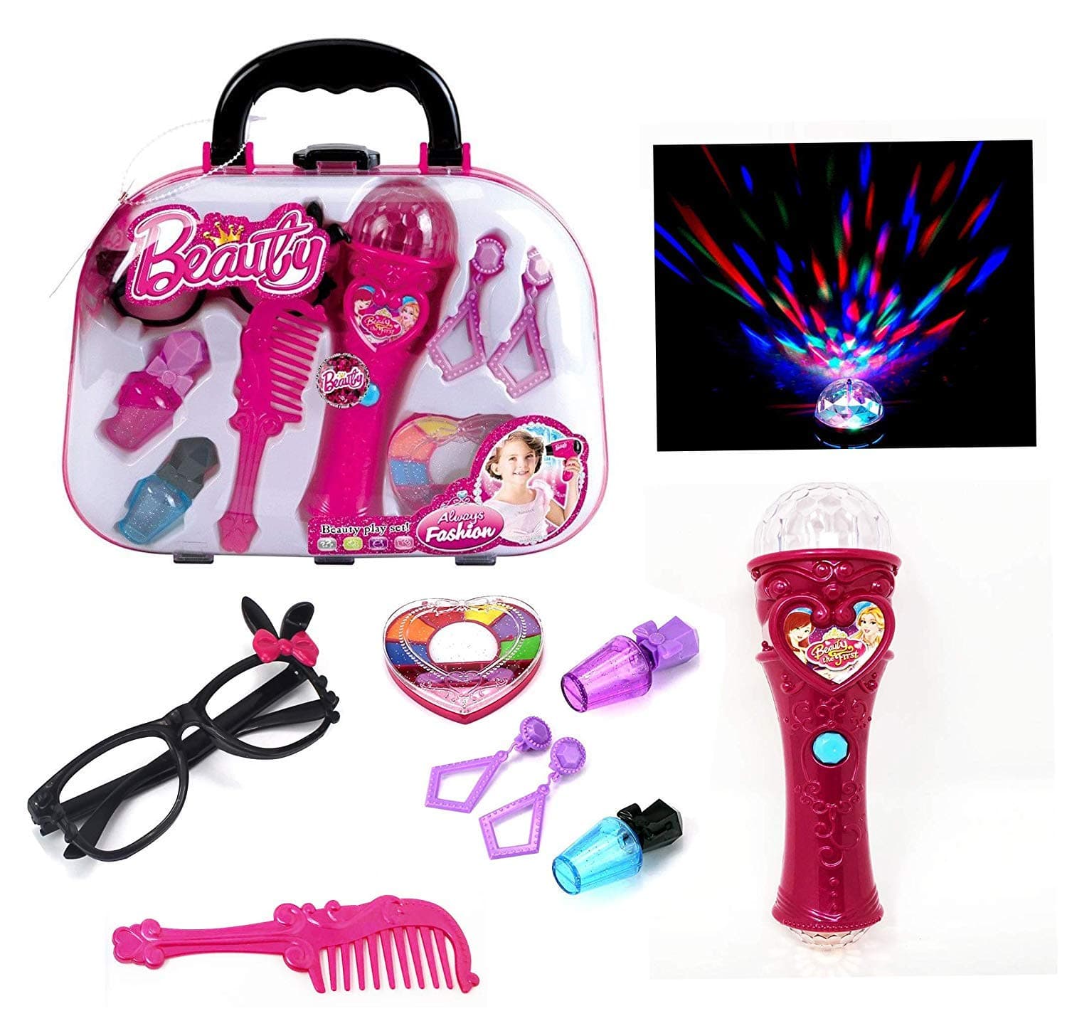 Fashion Girl Beauty Kids Pretend Play Make up Kit, Fashion Play Set,Toys Kids Beauty Salon Set with Comb Mirror Pallet, Make-up Box Battery Operated Sound Mic with Light