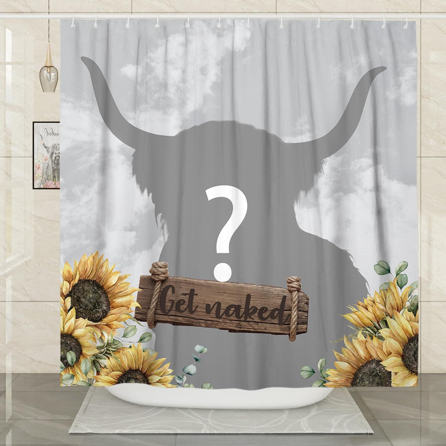 Farmhouse Highland Cow Shower Curtain Set Funny Western Get Naked Shower Curtains Country Sunflower Bathroom Decor Polyester Fabric-72" x 72"