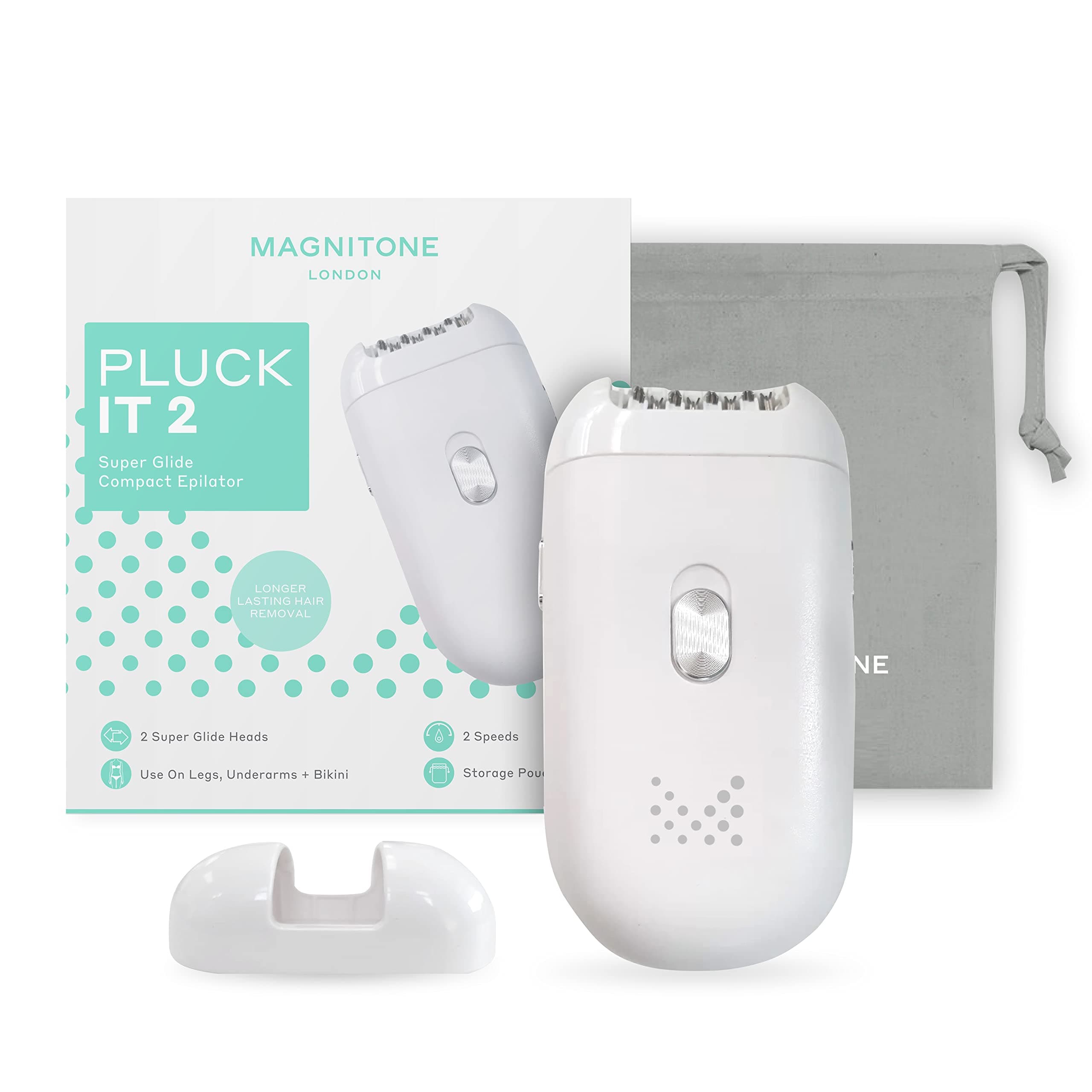 PluckIt2 Super Glide Compact Epilator, Long Lasting Hair Removal, for Use on Legs, Underarms & Bikini, USB Rechargeable, 2 Interchangeable Heads, with Storage Pouch