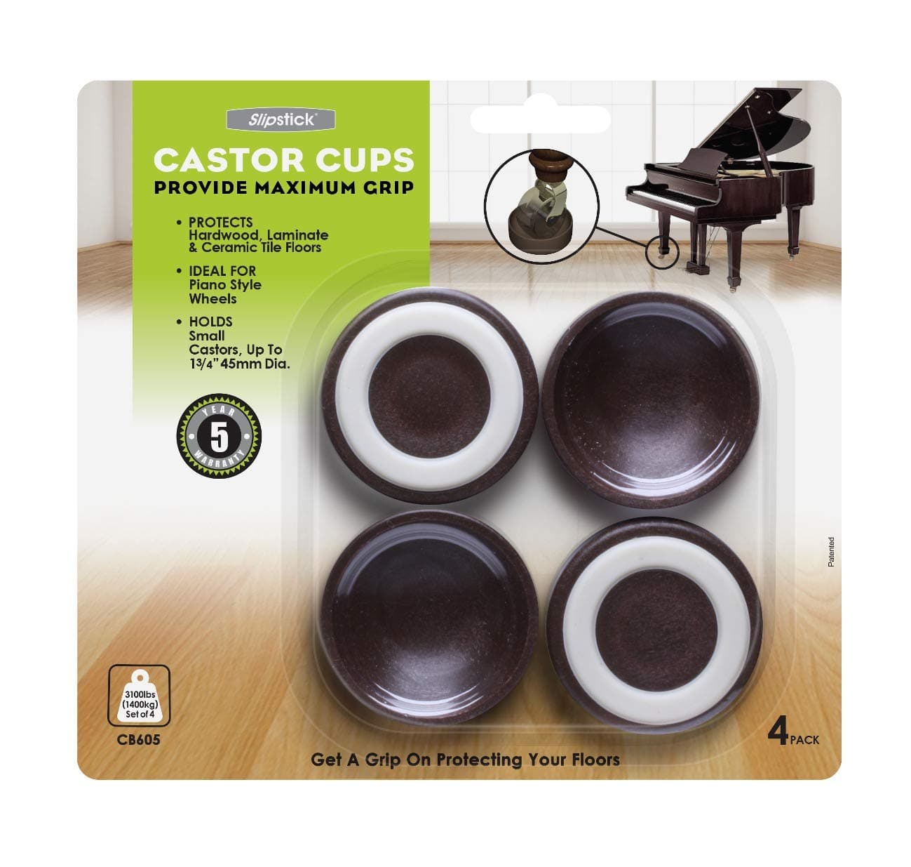 CB605 Floor Protectoring Castor Cups with Non Slip Rubber Feet (Set of 4) 45 mm Round Caster Cups for Furniture Wheels - Brown