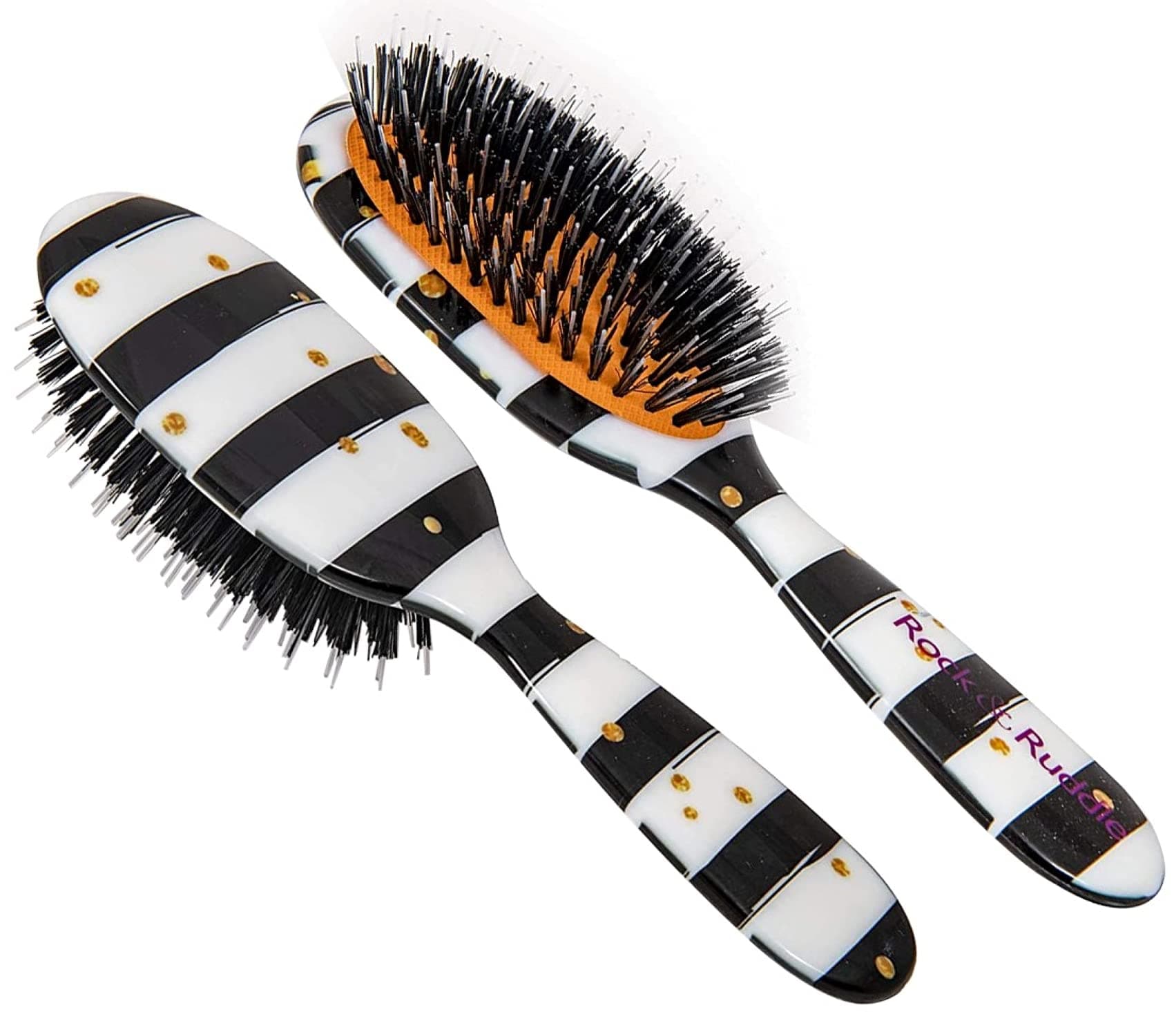 ROCK & RUDDLE Black & White Stripes with Gold Dots - Small Hairbrush