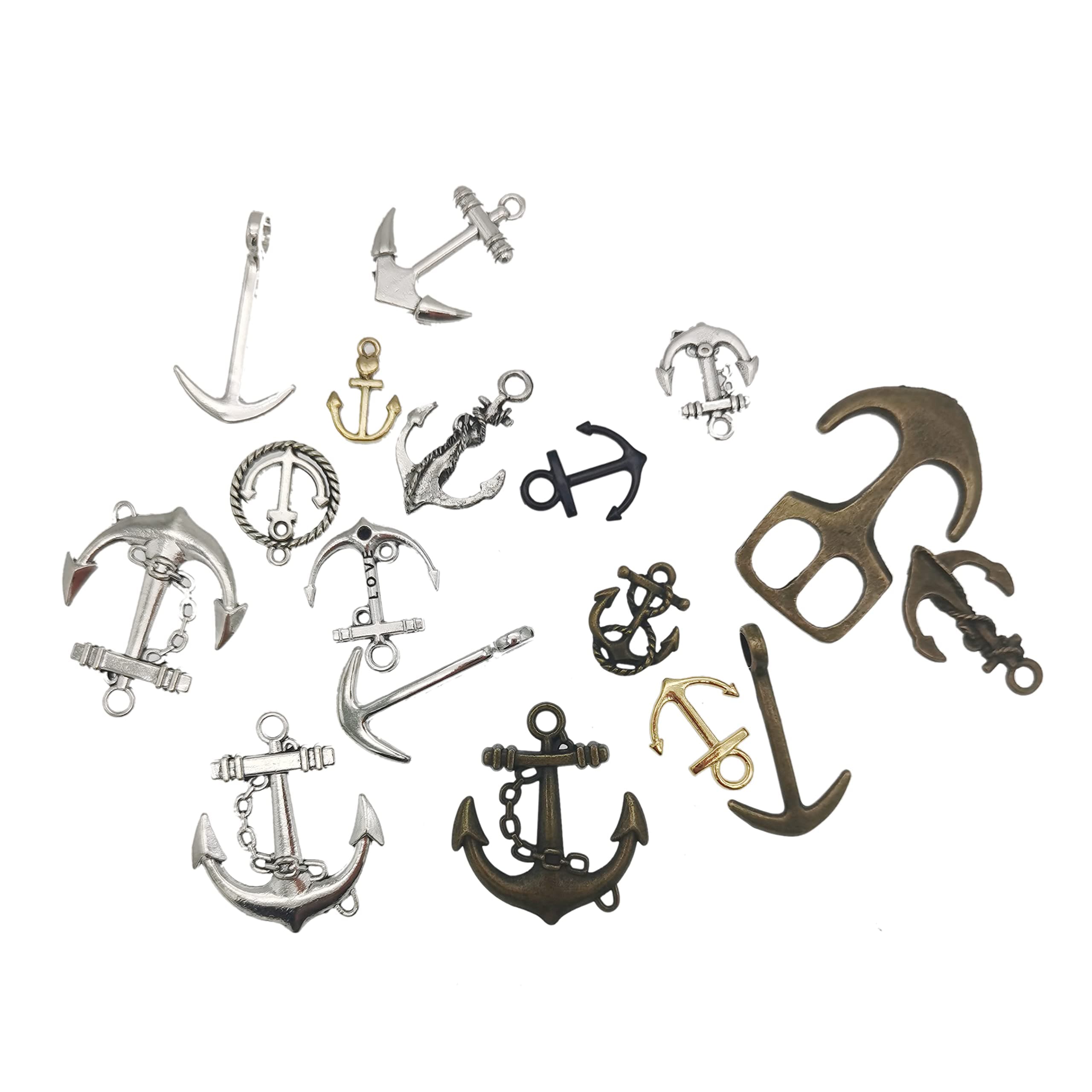 Julie Wang 40Pcs Antiqued Style Alloy Ramdon Boat Anchors Charms Silver Bronze Gold Color Mixed Jewelry Making Pendants