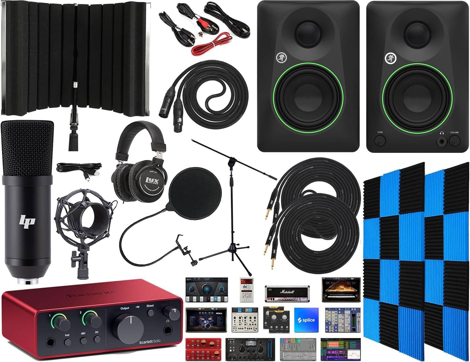 Focusrite Scarlett 2i2 4th Gen Studio Bundle with Mackie CR3.5 Monitors, Condenser Mic, Headphones, Pop Filter, Shock Mount, Stand, 24 Acoustic Panels, Isolation Shield & Cables
