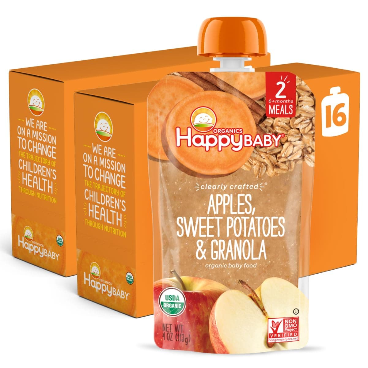 Happy BabyClearly Crafted Stage 2 Meals Organic Baby Food, Apples, Sweet Potatoes & Granola, 113g Pouch