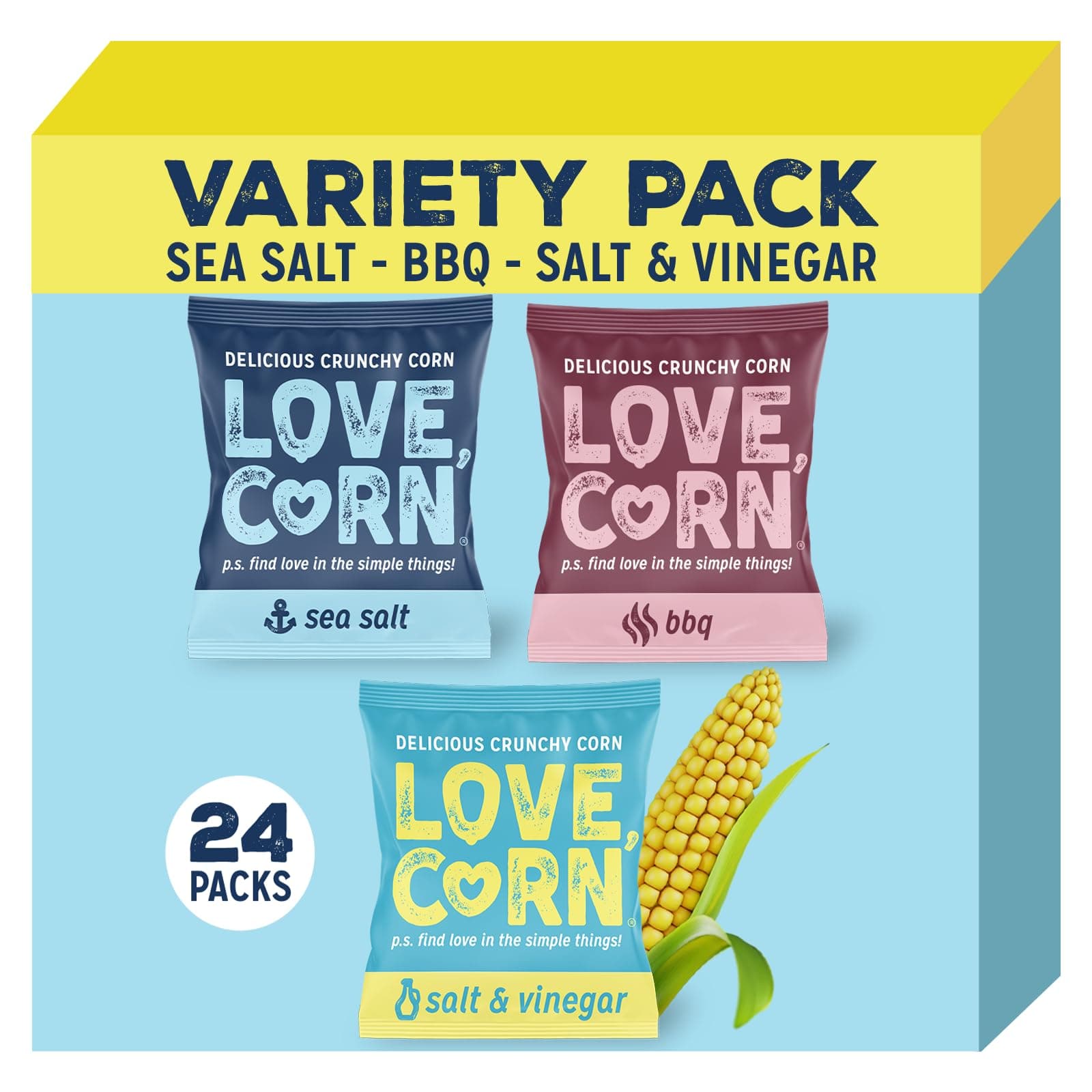LOVE CORN Variety Pack (8x Sea Salt, BBQ, Salt & Vinegar) – Healthy Snacks Ideal for Gluten Free & Vegan Diets – Low Sugar Alternative for Crisps, Mixed Nuts & Pretzels – Perfect To Graze On