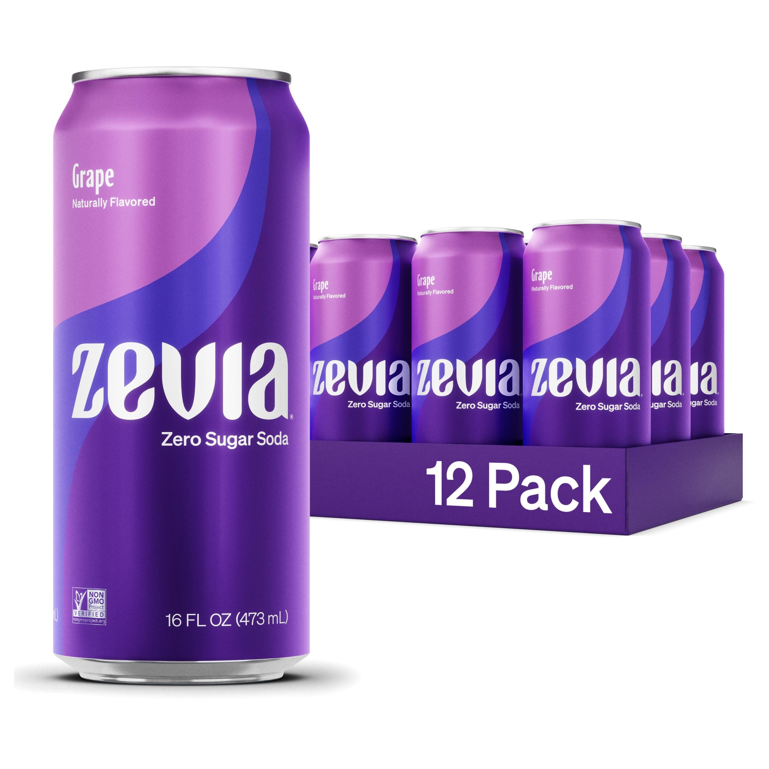 Zevia Zero Sugar Soda, Grape, 16 oz Cans (12-Pack) – Naturally Sweetened, Non-GMO Project Verified, Gluten-Free, Vegan