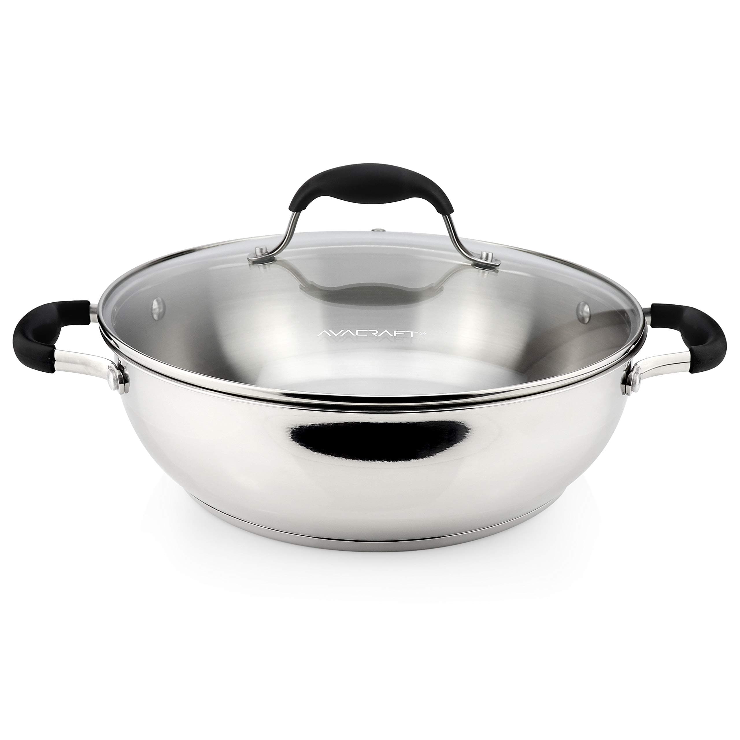 18/10 Stainless Steel Everyday Pan, Stir Fry, Five-Ply Base, Glass Lid, Multipurpose Stewpot Skillet, Saute, Casserole (11" Top Diameter, 8" Base Diameter)