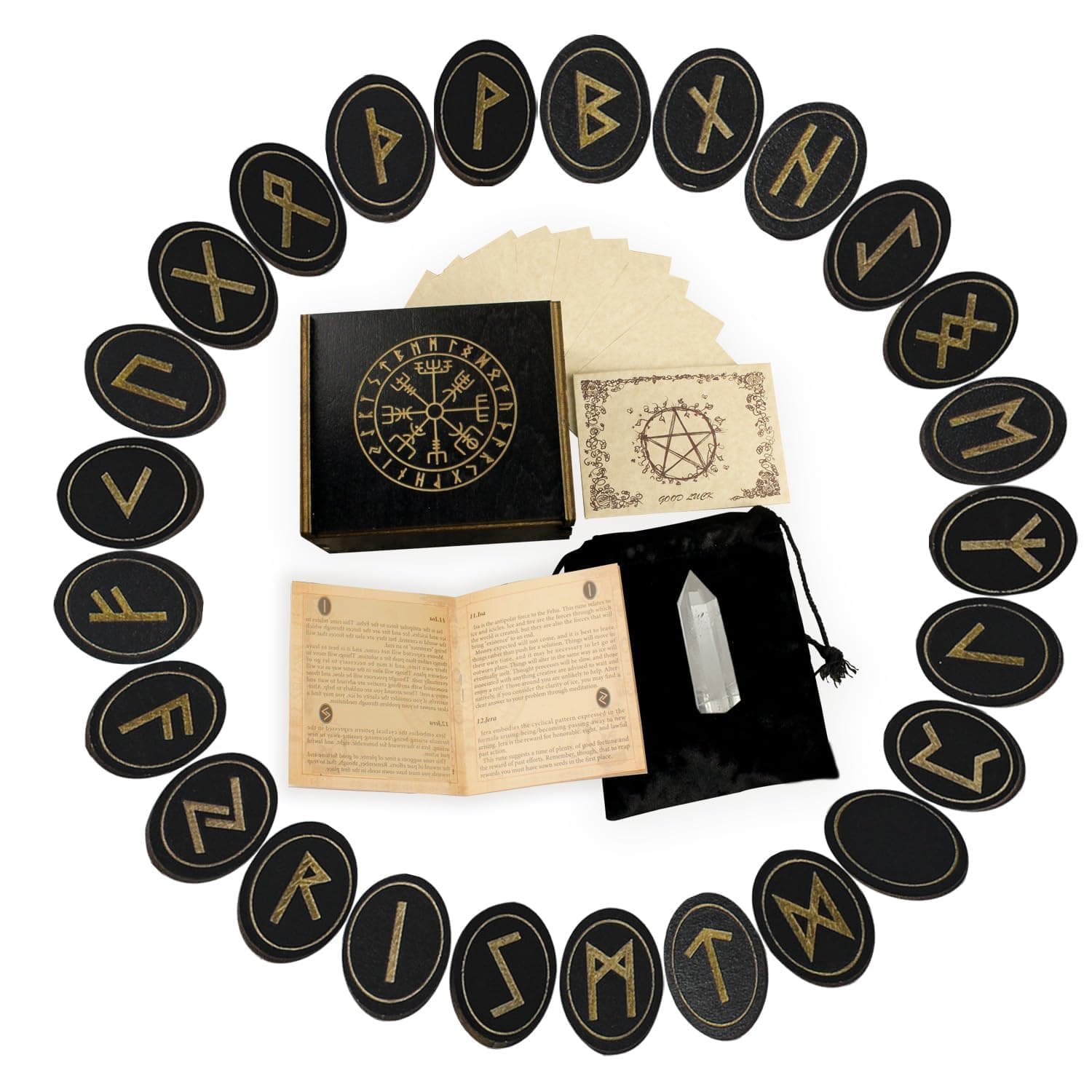 Runes, Wooden Runes Set with Guide Book, Healing Crystals, Ritual Paper, Tarot Bag, Witch Runa for Beginners, Witchcraft/Divination/Meditation/Spiritual