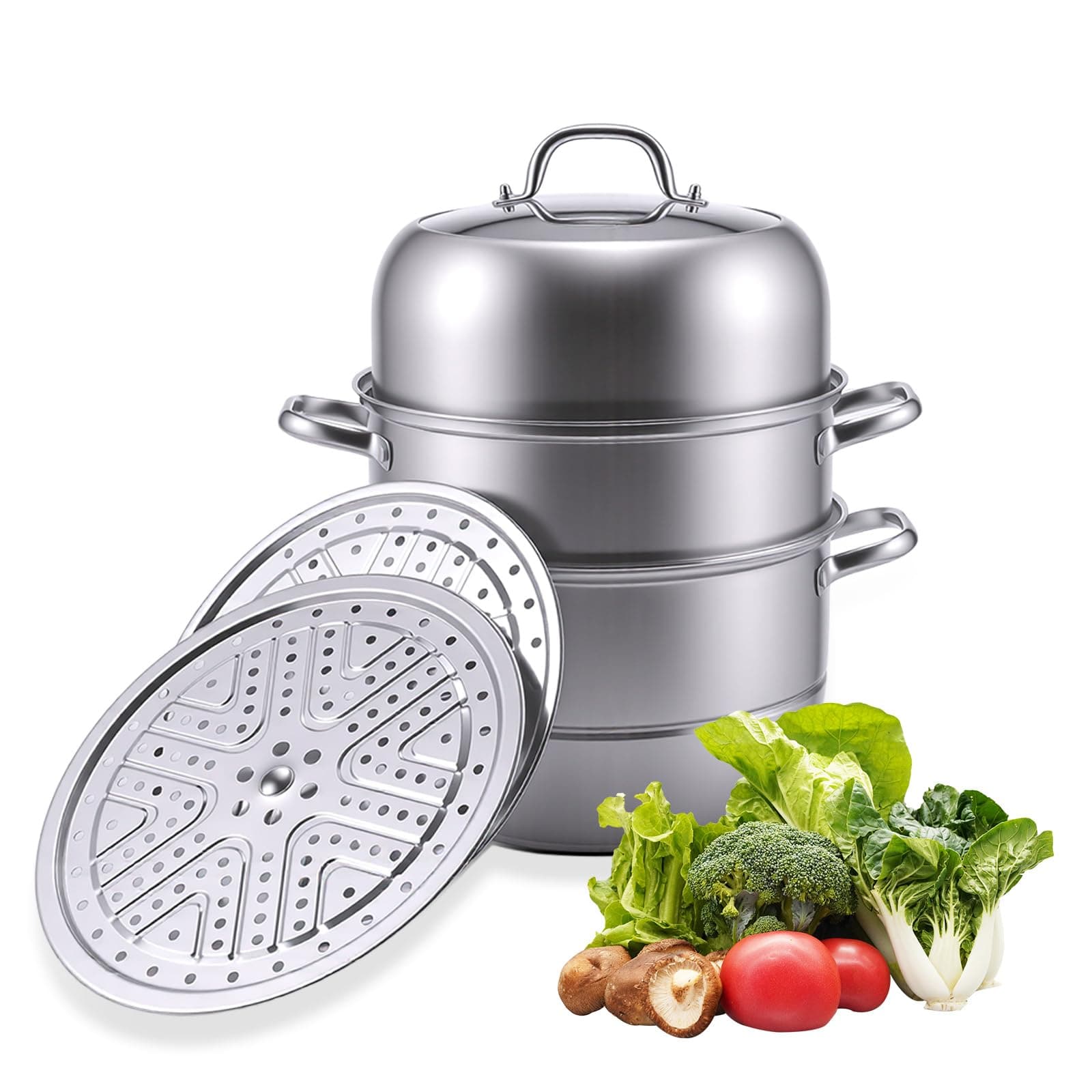 2-Tier Stainless Steel Induction Steamer Pot (30cm/11.8Inch) - Large Food Steamer for Dumplings, Buns & Dim Sum - Dishwasher Safe with Even Heat Distribution