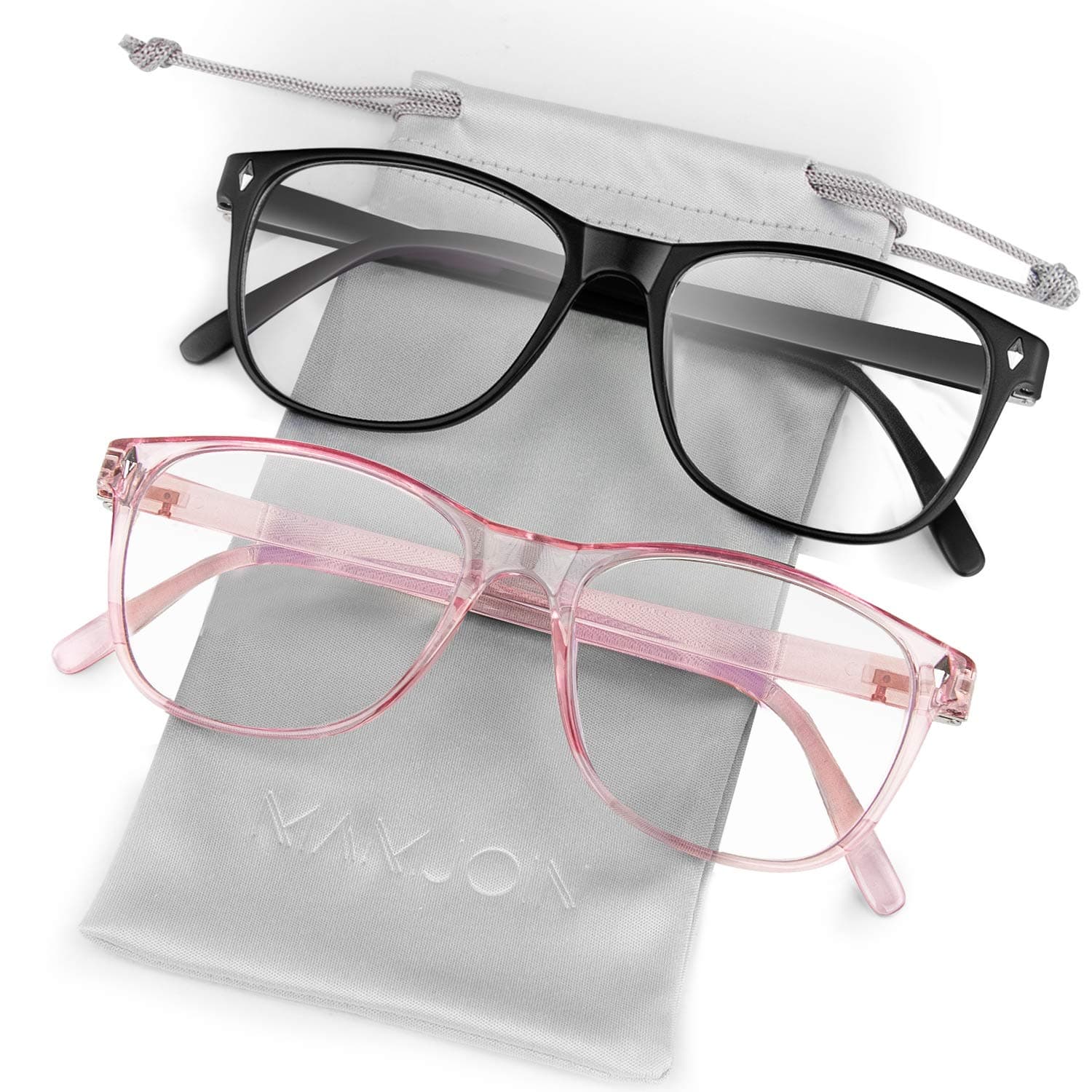 Computer Glasses, Anti Eye Strain Blue Light Blocking Glasses Clear Lens Square Eyeglasses Frame for Men Women Youth Computer Reading Gaming, 2 Pack Black and Pink