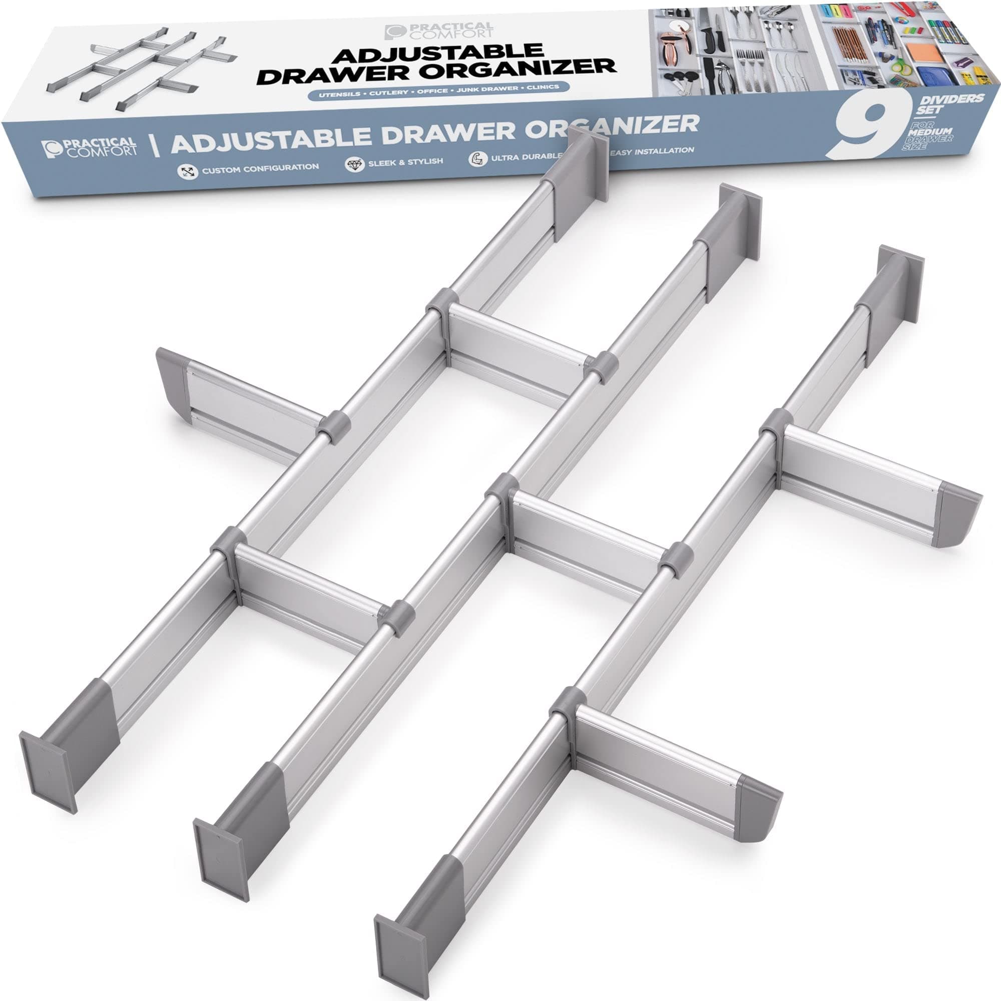 PRACTICAL COMFORT Drawer Organiser, Adjustable Aluminium Drawer Insert for Clutter-Free Kitchen, Drawers, Office, Clinic, Set of 9 Dividers (3 Long + 6 Short) 50-55.5 cm Deep
