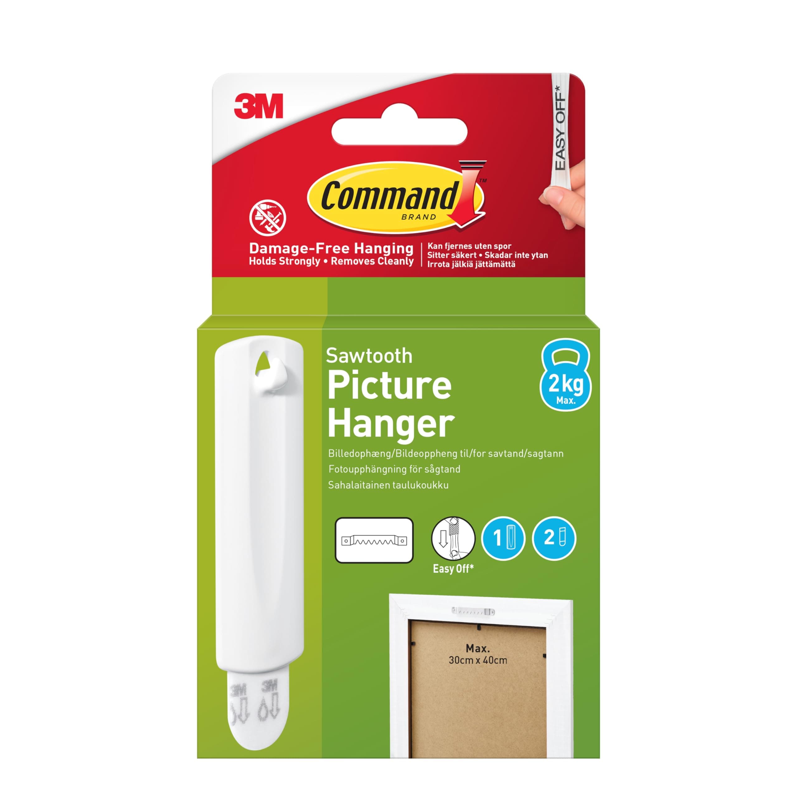 Command 17040 Sawtooth Picture Hanger Kit with Adhesive Strips - Hanger Holds up to 1.8Kg (4lb) - 75 mm x 25 mm, White,Pack of 1