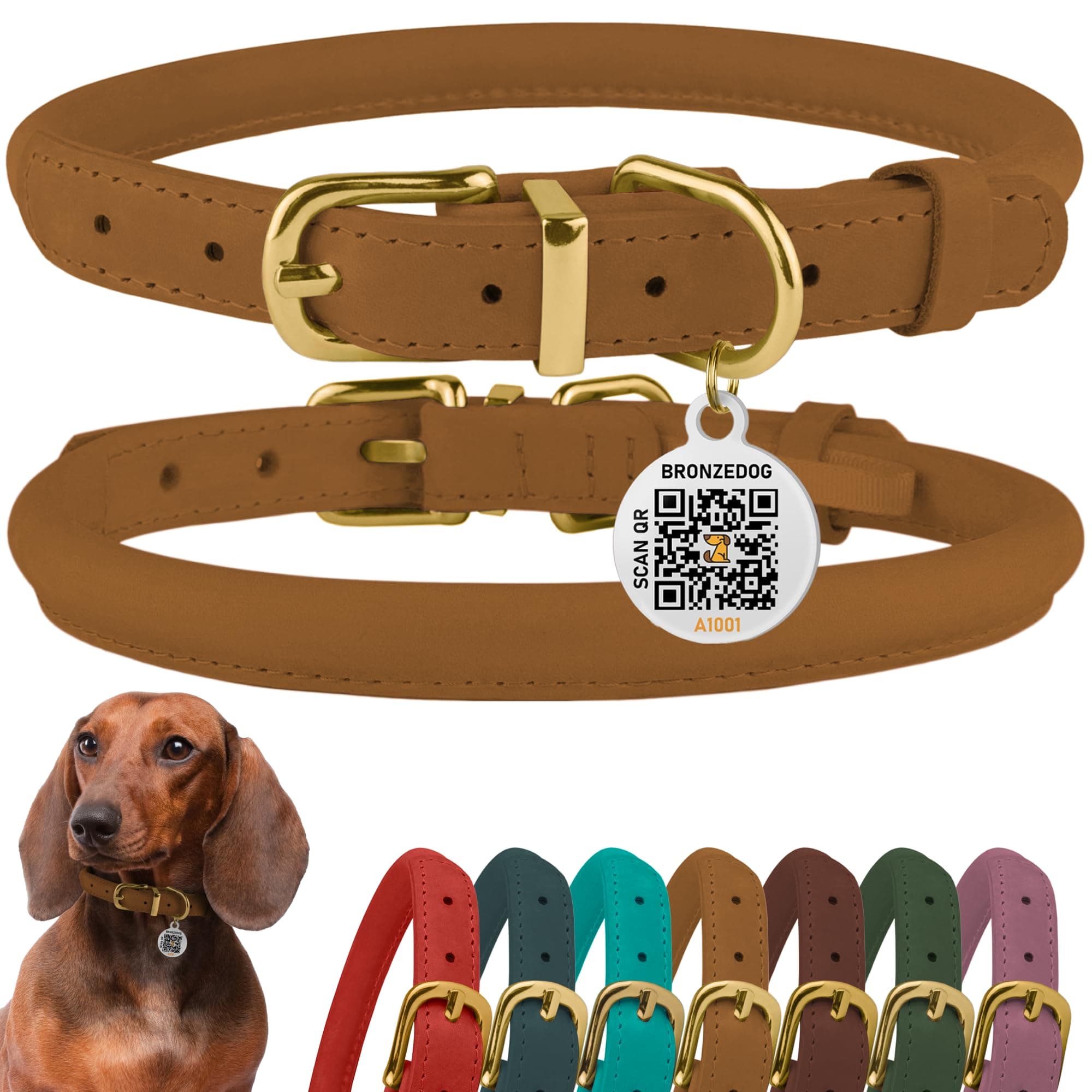 BRONZEDOG Rolled Leather Dog Collar with QR ID Tag Adjustable Soft Round Collars for Small Medium Large Dogs Puppy Cat (7'' - 9'' Neck Size, Camel)