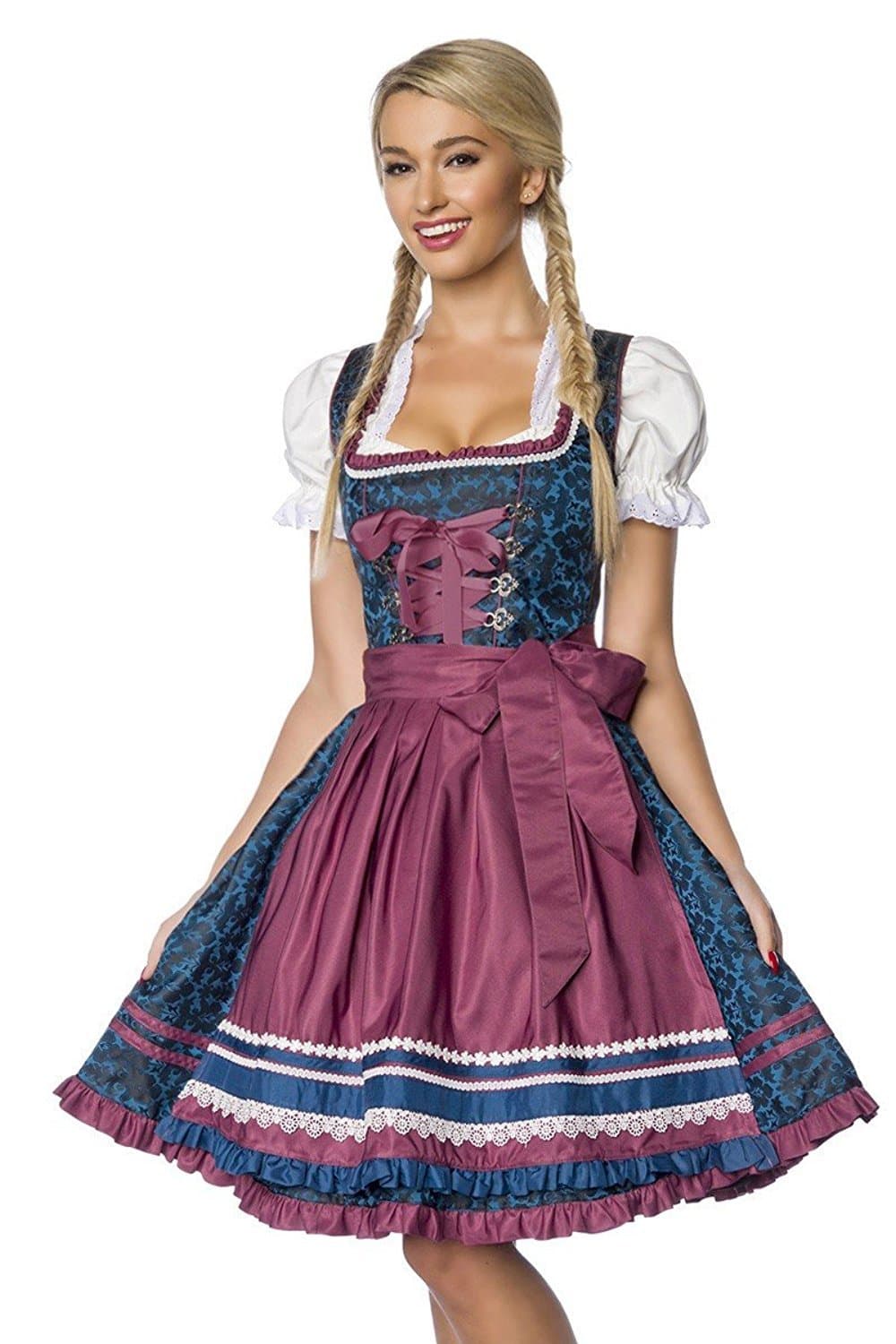 Luxury Designer Dirndl with Apron Dress Dirndl Dress Oktoberfest Costume Dress Lace Brocade Piping Ruffle Border Blue Dark Red XS - 3XL