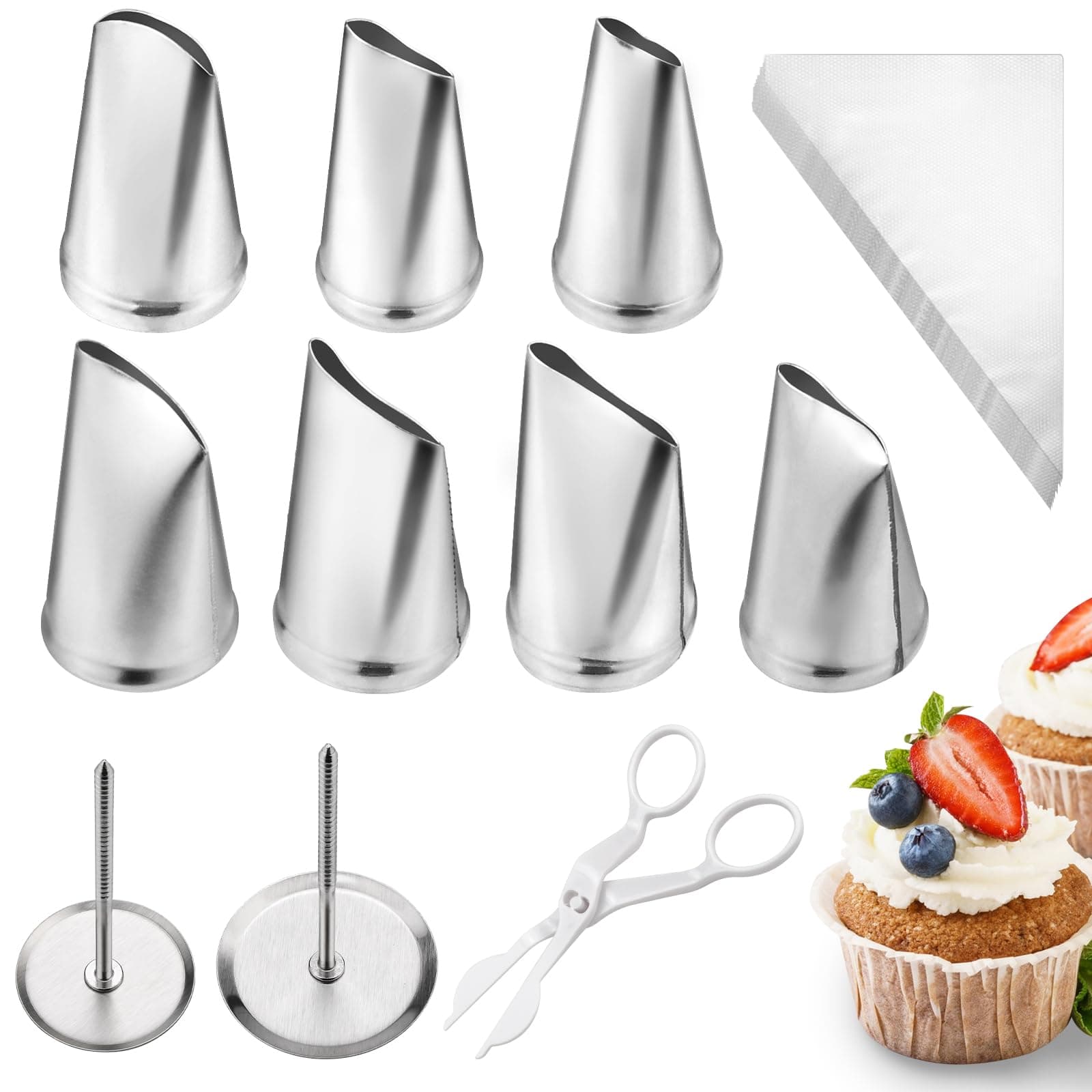 Ullnosoo Rose Flower Piping Tips Set, 7pcs Cake Decorating Stainless Steel Icing Piping Nozzle Tips with 2 Cake Flower Nail, 1 Flower Lifters and 10 Disposable Pastry Bags, universal, Silver