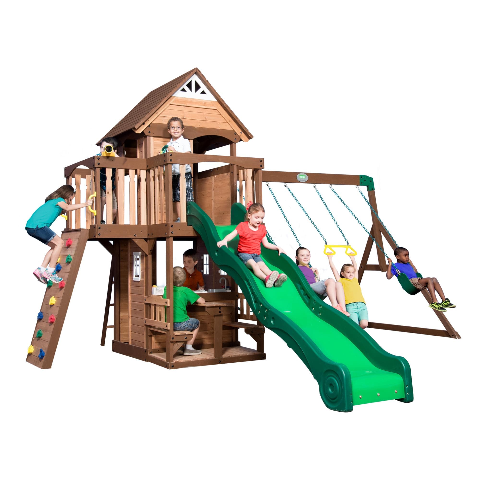 Backyard Discovery Mount Triumph Cedar Wood Swing Set with Wave Slide, Clubhouse, Rock Wall, Play Kitchen, Picnic Area, Belt Swings, Trapeze, Balconies, Playhouse, Ladder, Accessories, Outdoor Playset