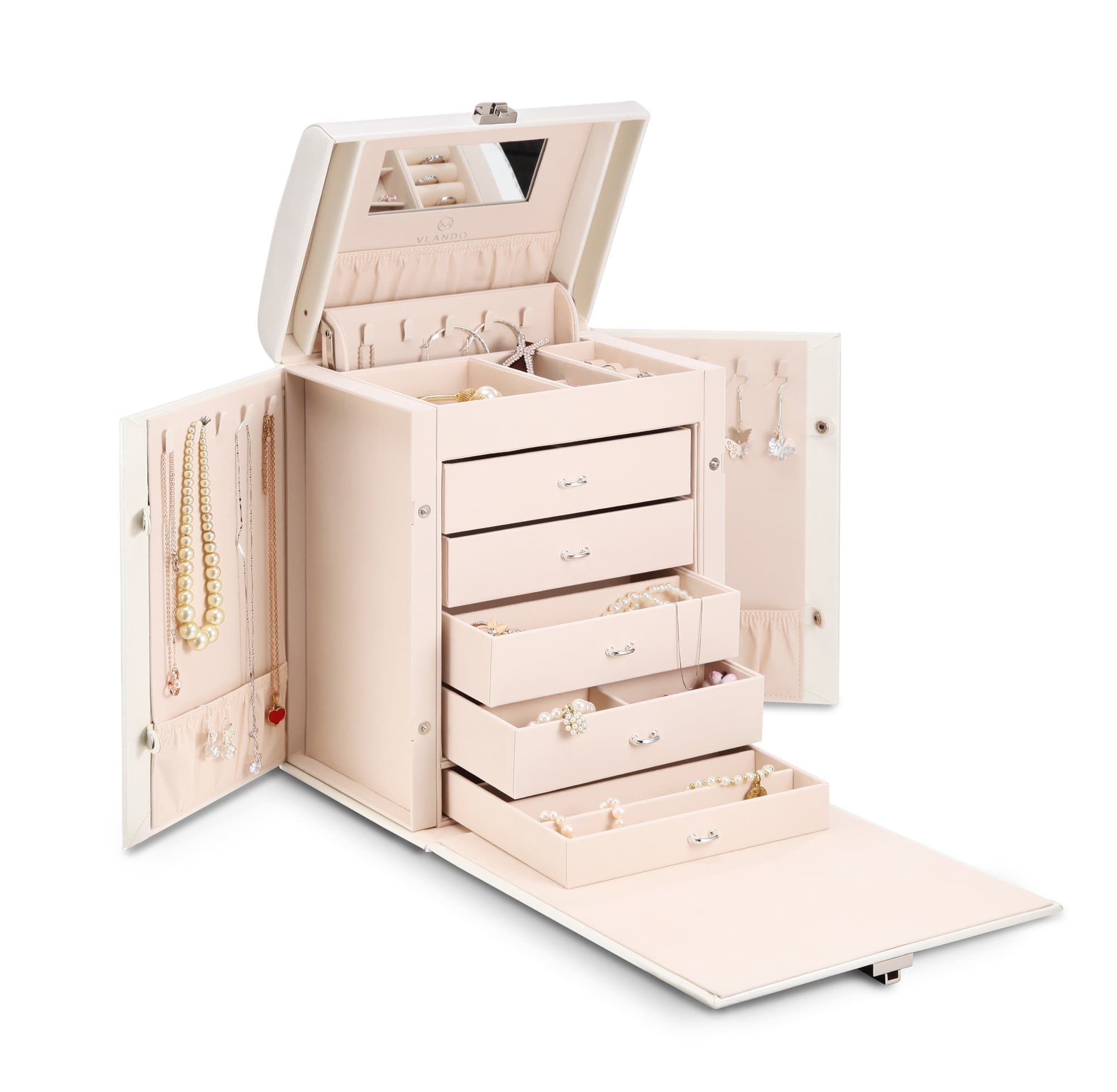 Vlando Deluxe Large Jewelry Box Storage Organizer, Fabulous Wedding Gift for Bride (White)