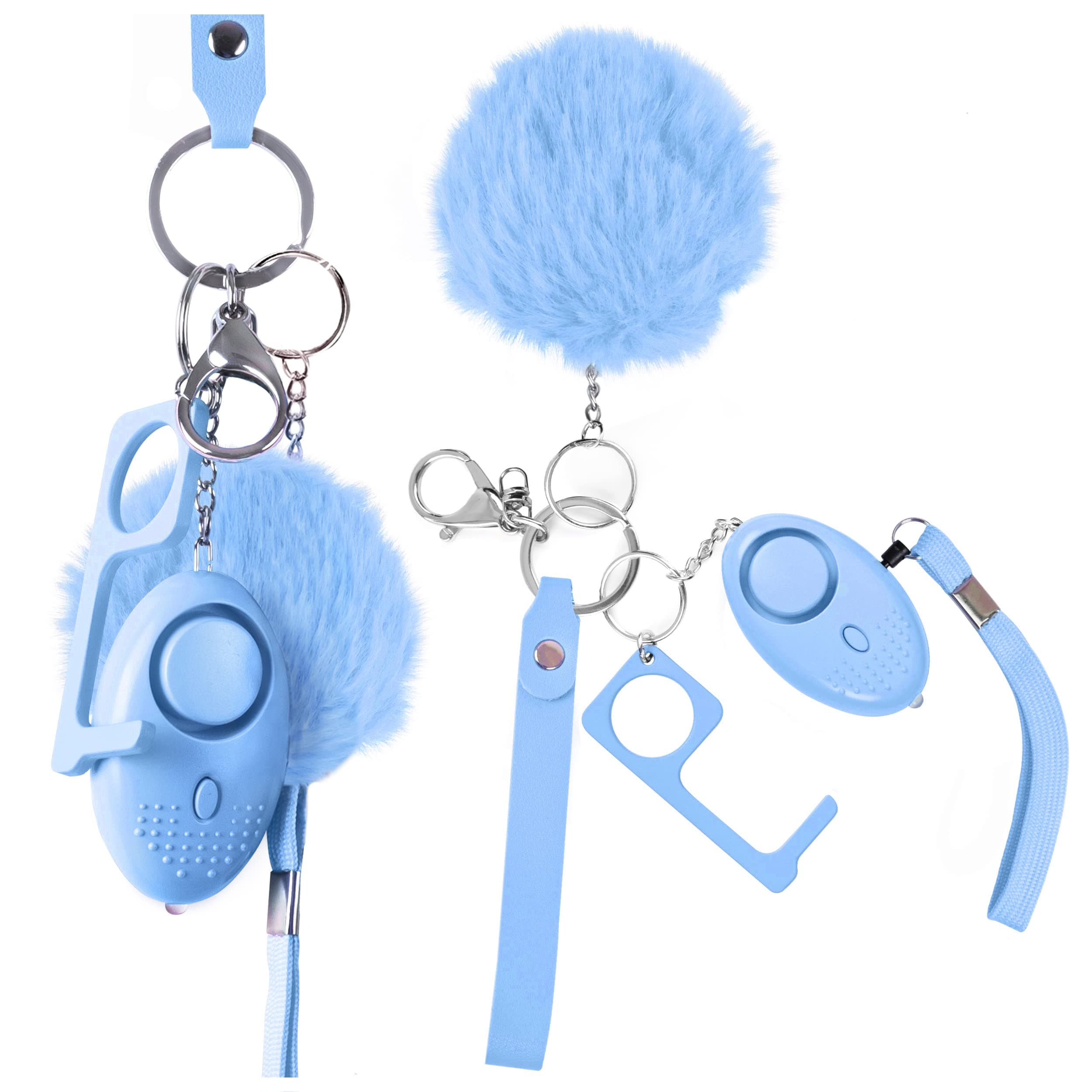 StrikeDown Vegan Leather Keychain Set for Women, Girls, Portable Key Chain with Safety Alarm, Wristlet, Pompom & No Touch Door Opener Baby Blue, Baby Blue, One size