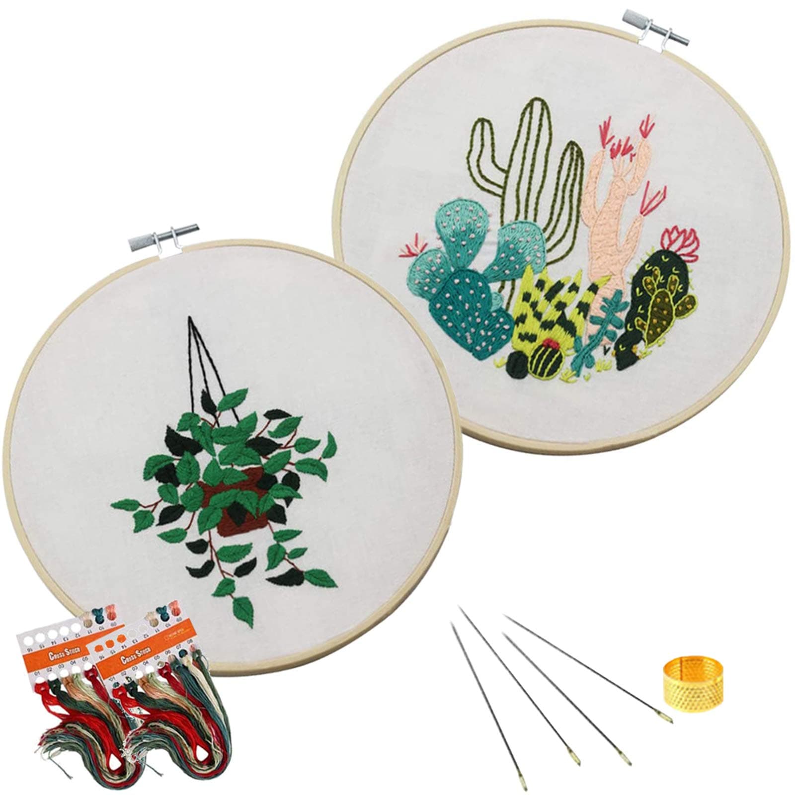DIY Embroidery Starter Kit w/t Pattern Full Range of Stamped Embroidery Kits w/t Instructions, Embroidery Floral Pattern, Bamboo Hoop, Color Threads & Tools (2 Pack, Model 2#)