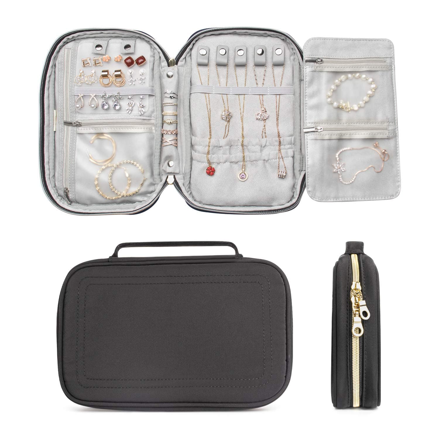 ILOVA Jewelry Organizer, Travel Clutch Bag for Earrings, Necklaces, Bracelets, Watches (Black)