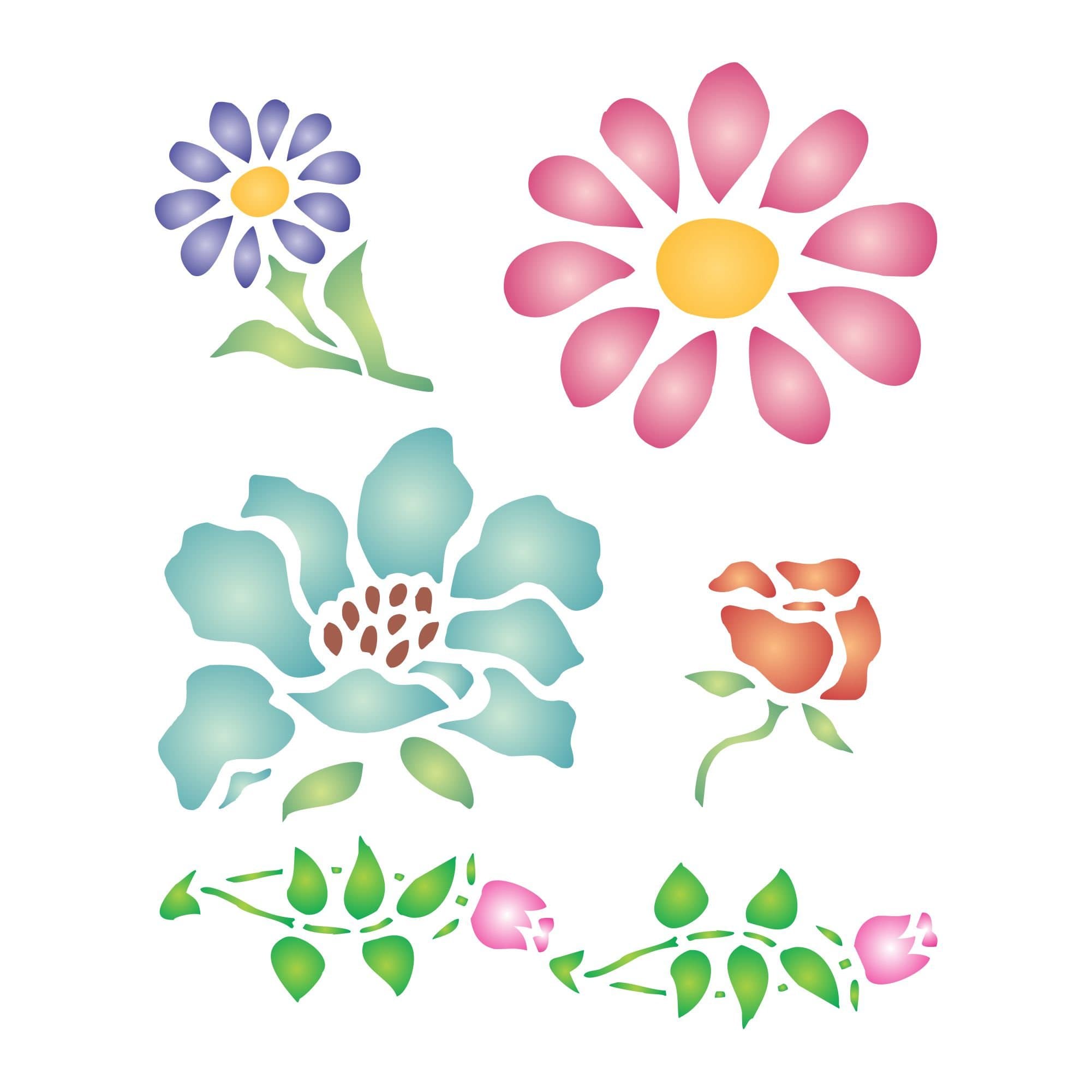 Flower Stencil - 16.5 x 20cm (L) - Reusable Small Flora Flowers Leaf Buds Wall Stencil Template.