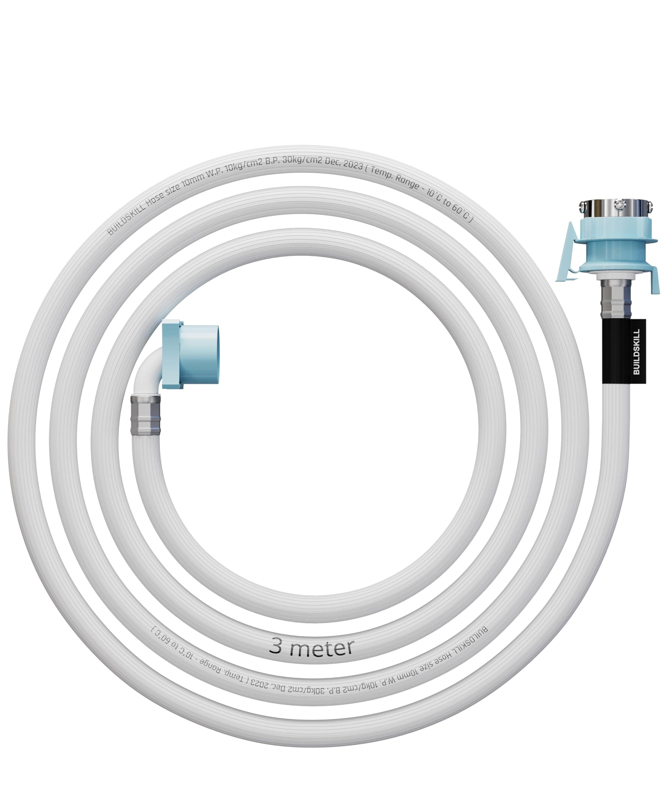 BUILDSKILL 3 Meter Fully Automatic Washing Machine Inlet Pipe With Universal Tap Adaptor Connector | Burst Proof and Anti Kink | Hot & Cold Water Washing Machine Pipe Inlet | Pressure Resistant