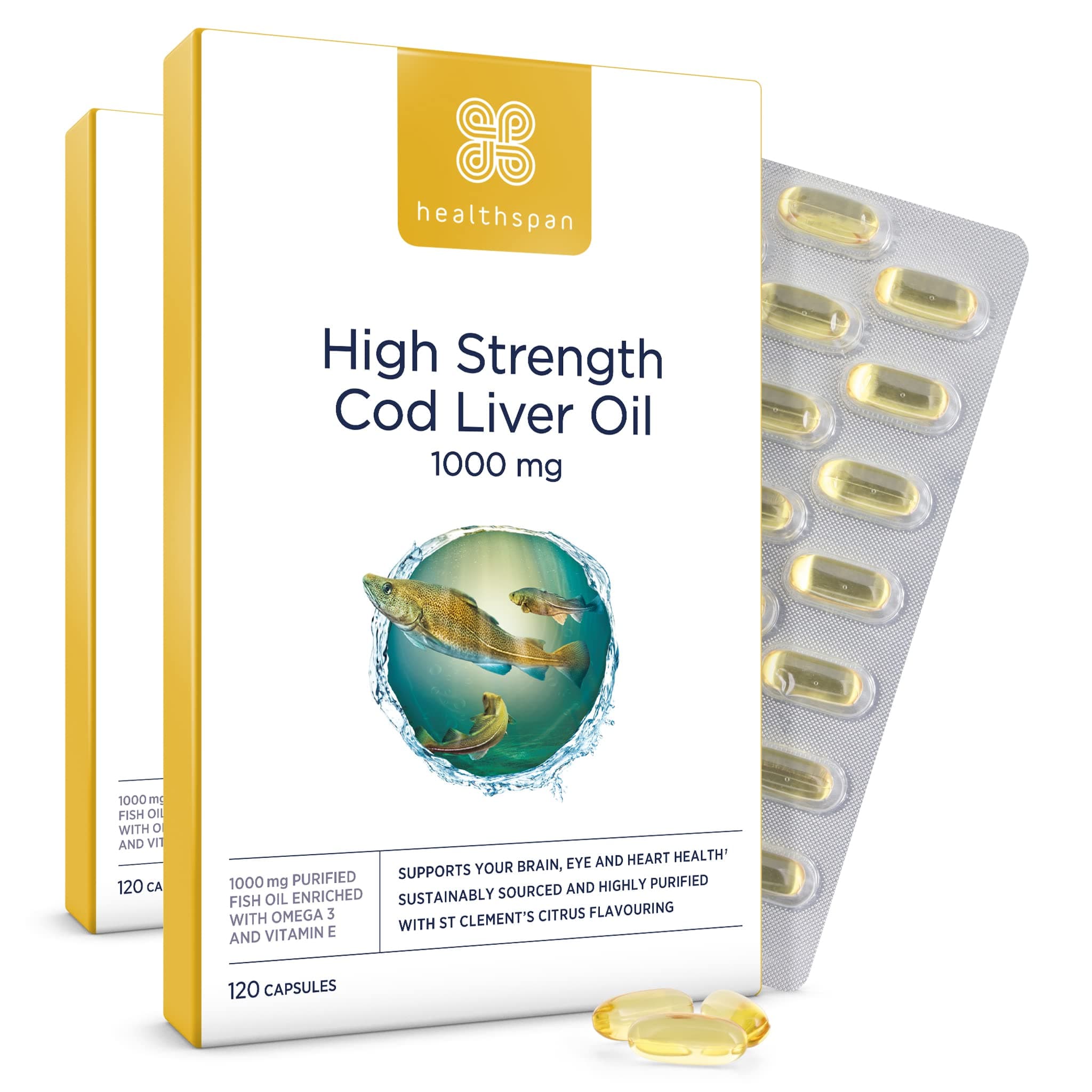 Cod Liver Oil 1,000mg | Rich in Omega 3 Fatty Acids DHA & EPA | Brain, Eyes & Heart Health | Vitamin A & D3 | Vision, Bones, Teeth & Immune | Sustainably Sourced (240 Capsules)