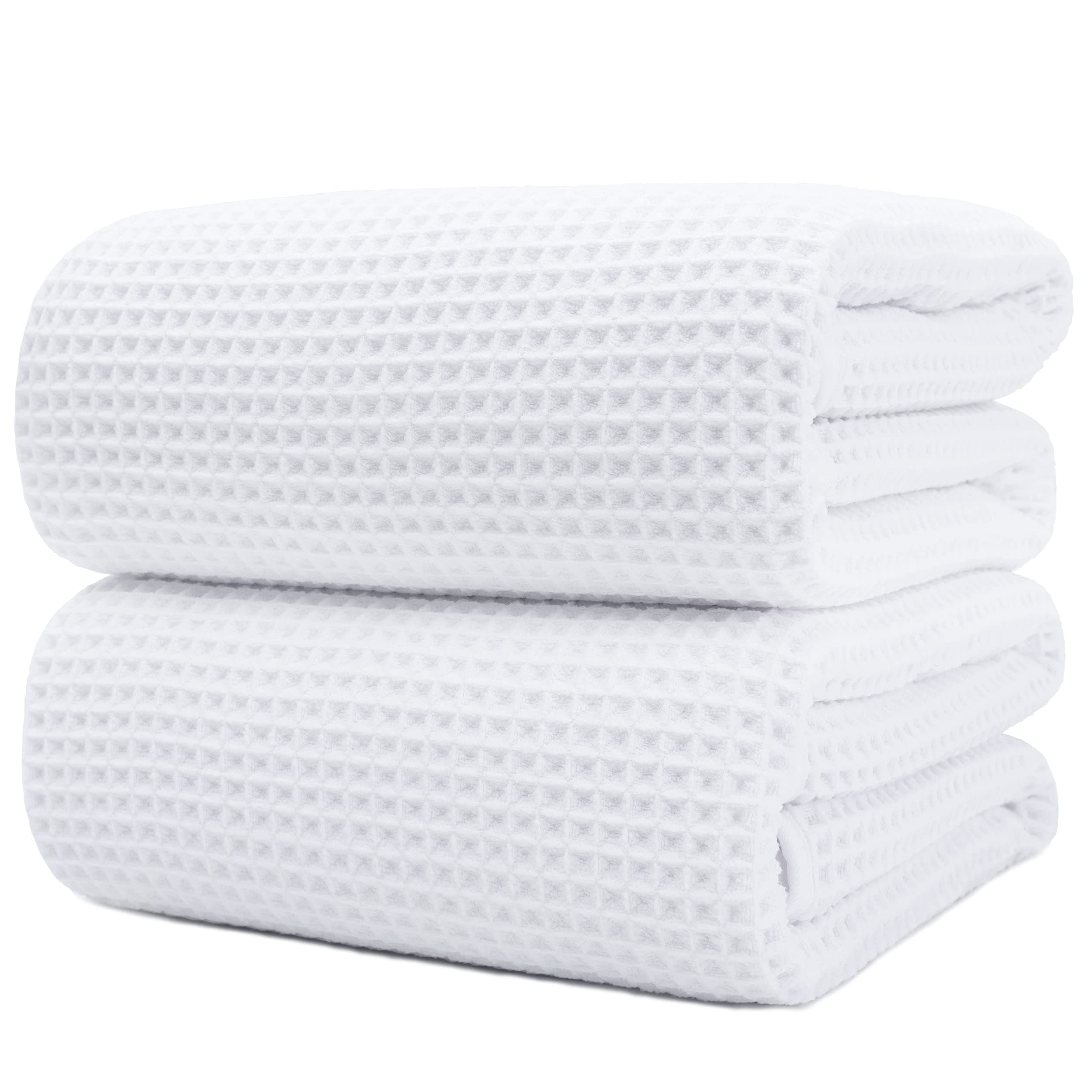 Polyte Microfiber Quick Dry Lint Free Bath Sheet, 70 x 35 in, Set of 2 (White, Waffle Weave)