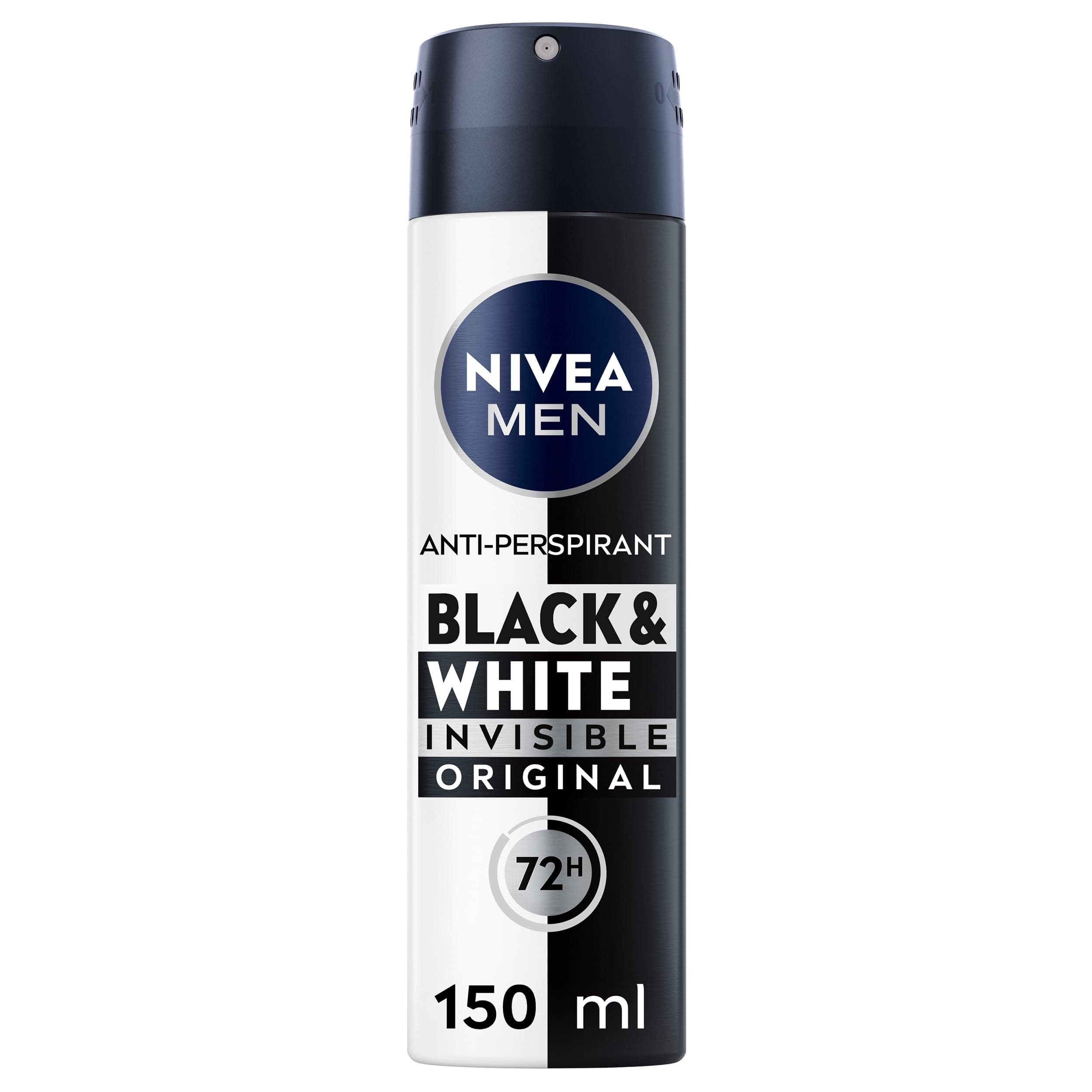 NIVEA MEN Black & White Original Anti-Perspirant (150 ml), 72hr Anti-Sweat Deodorant for Men, No Stains on Black and White Clothes