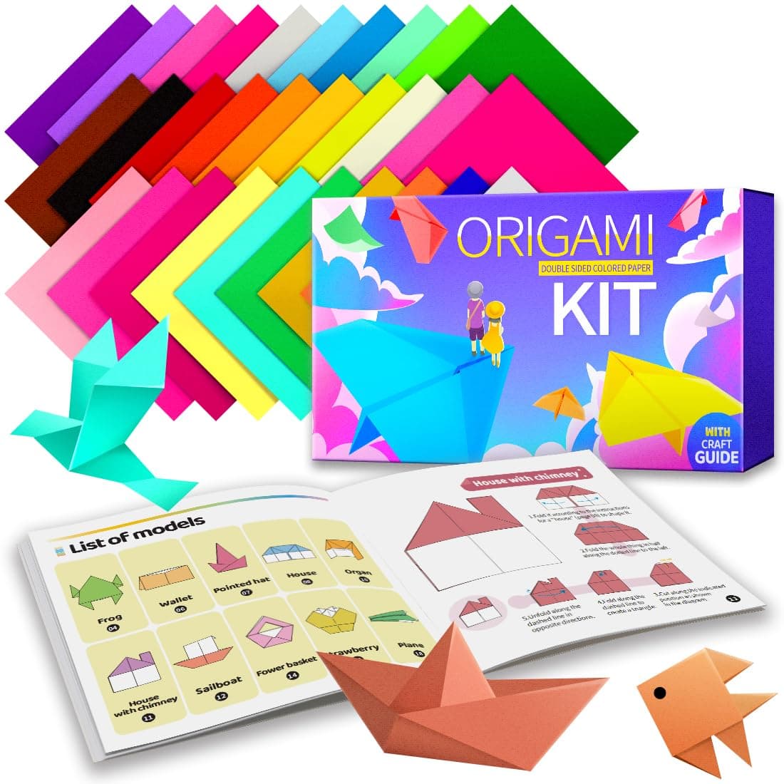 Praisebank Origami Paper, 220pcs 17 Colors 6x6 inch, Double Sided, Craft Kit with Guide.