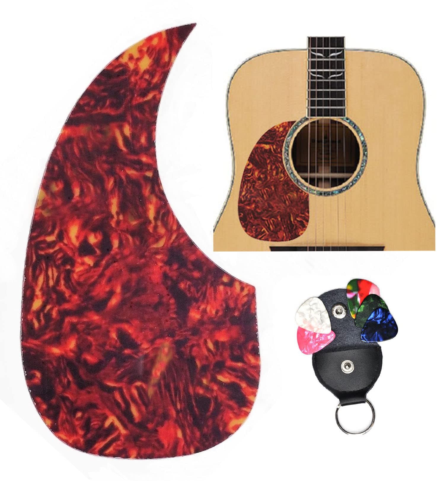 Pickguard Sticker For Left Hand Acoustic Guitar Scratch Protective Plate Comma Shape + Picks & Picks Holder.