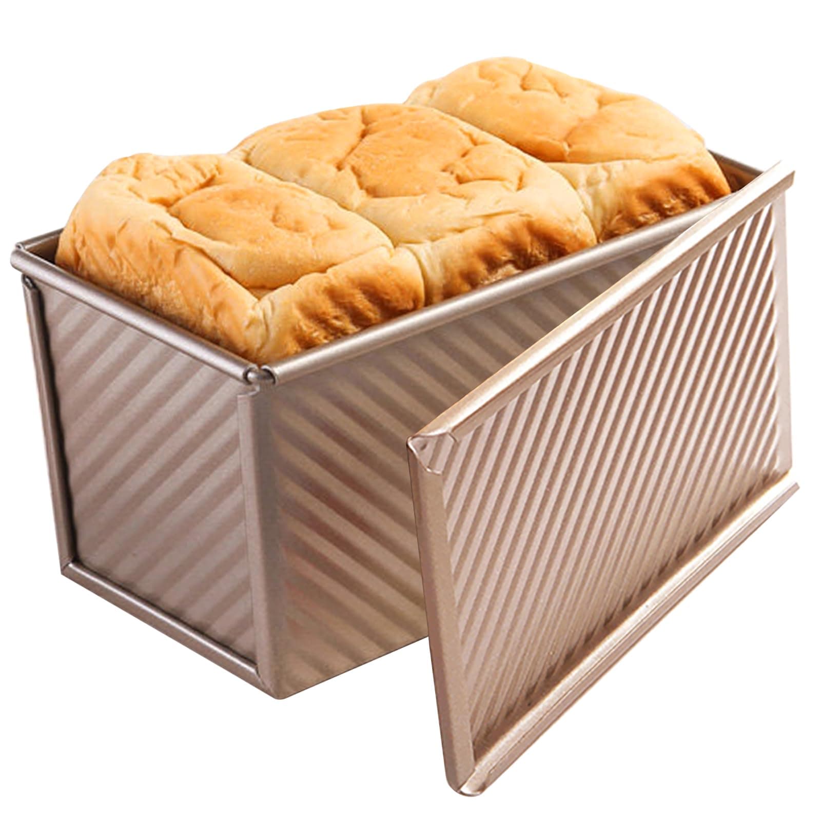 Pullman Loaf Pan with Lid, Non-Stick Bakeware Golden Corrugated Carbon Steel Bread Toast Box Mold with Cover for Baking Bread, 1 lb Dough Capacity