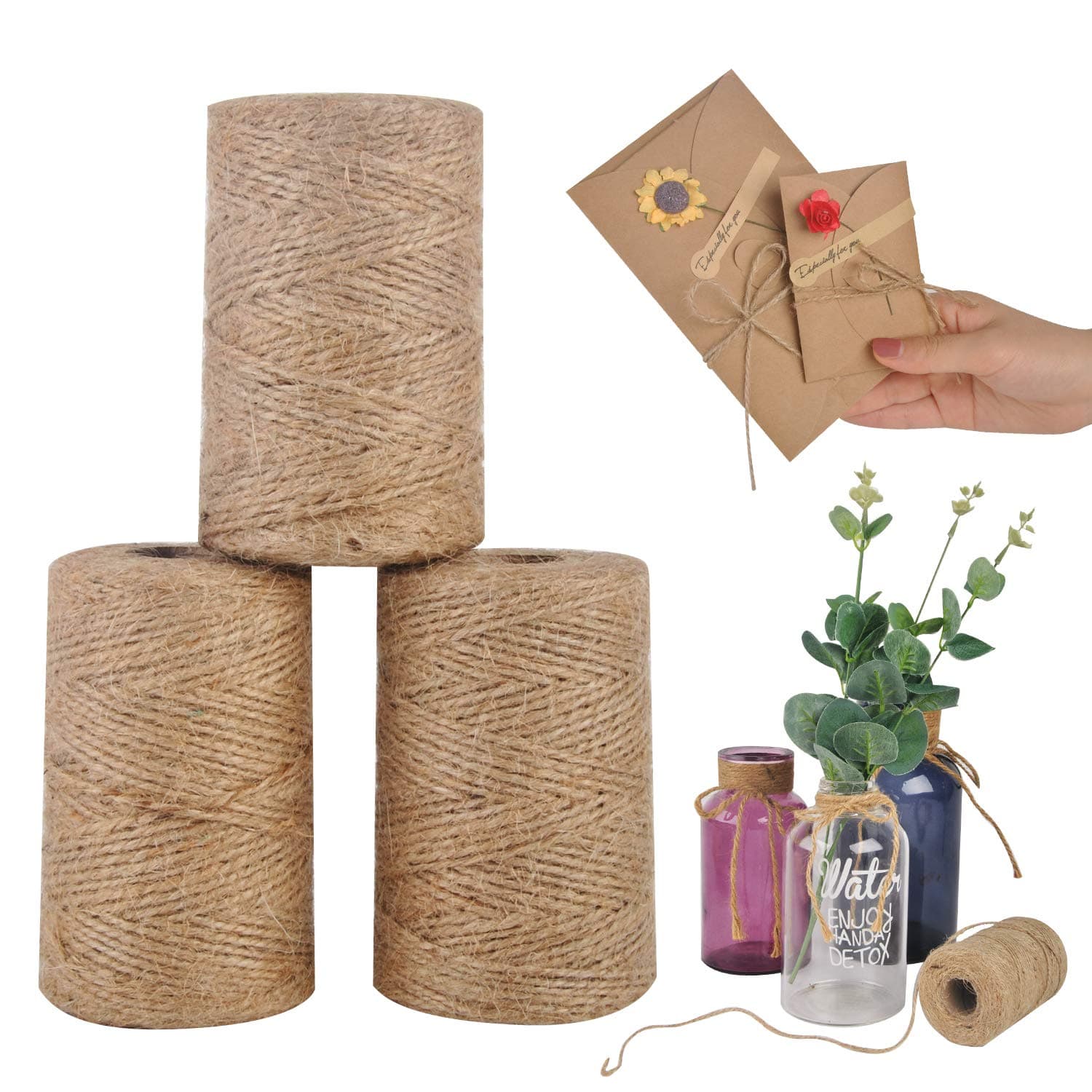 1140 Feet 1mm 2ply Natural Jute Twine for Artworks and Crafts, Juke, Gift Wrapping, Garden (3 PcsX380 Feet)