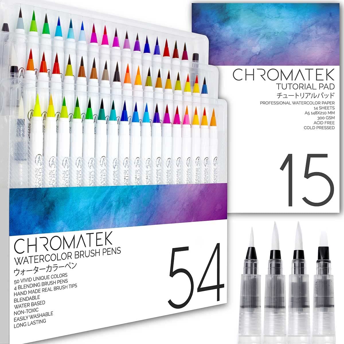 – Watercolour Brush Pen Set 54, Tutorial Pad and Online Video Tutorial Series Real Brush Tip. Vivid. Smooth. Blendable. 50 Colors, 4 Blending Brushes Set.