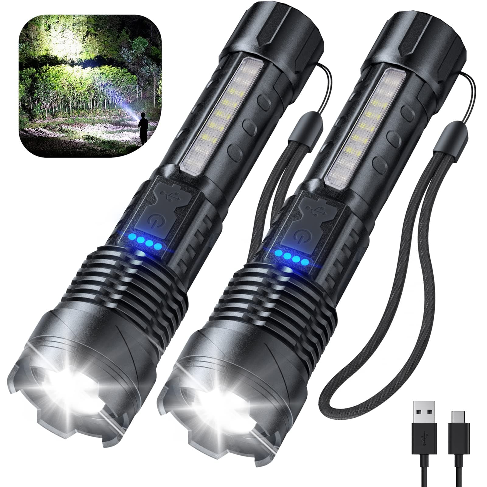 Flashlight High Lumens Rechargeable 2 Pack, 990000 Lumen Super Bright Led Flashlights with 7 Light Modes, IPX6 Waterproof, Powerful Handheld Flash Light for Camping Home Emergencies