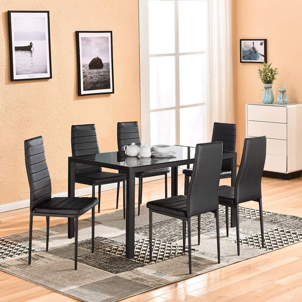 Dining Table with Chairs,4HOMART 7 PCS Glass Dining Kitchen Table Set Modern Tempered Glass Top Table and PU Leather Chairs with 6 Chairs Dining Room Furniture Black