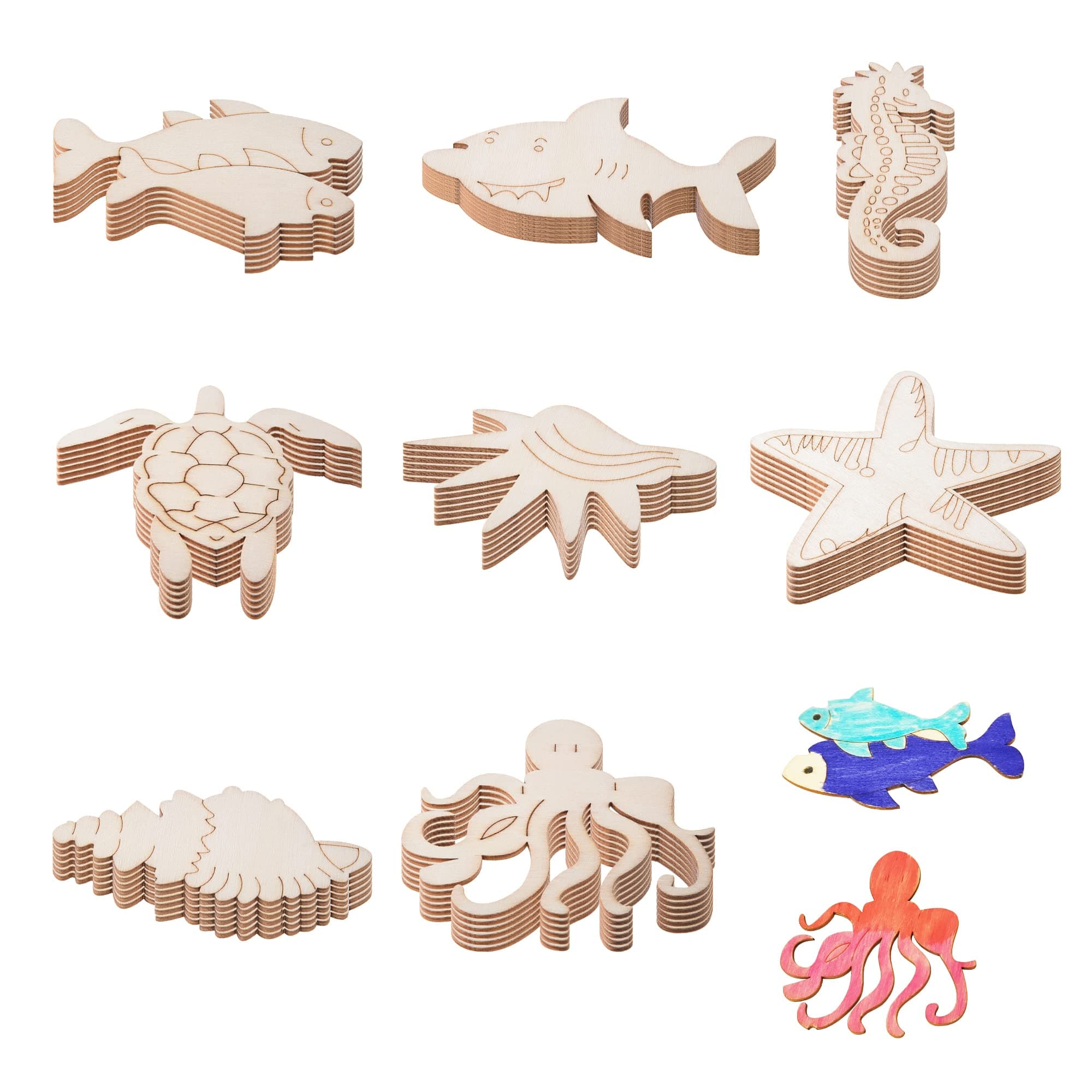 48PCS Unfinished Wood Ocean Animal Cutouts for Kids