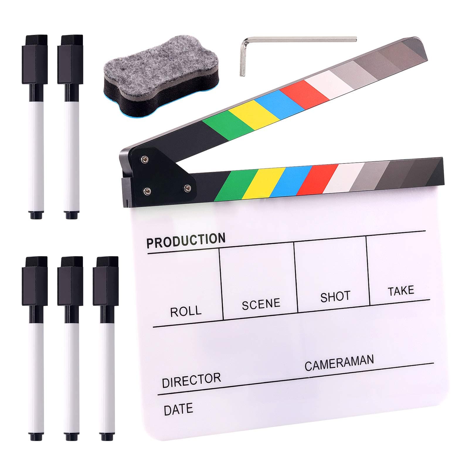 Swpeet 8Pcs 10"x12" Acrylic Film Movie Clapboard Kit, Magnetic Blackboard Eraser, M3 Hex Wrench and 5Pcs Custom Pens Dry Erase Director Clapper Coating Board Slate for Film Fans
