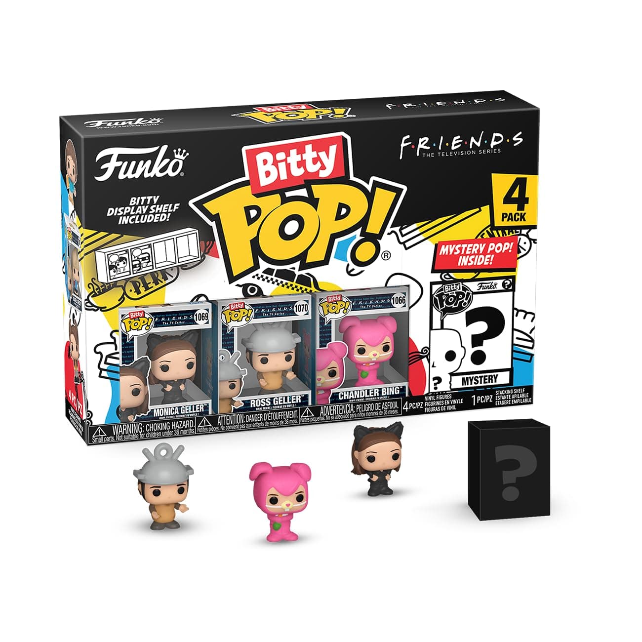Bitty Pop! Friends - Monica As Catwoman 4PK - Monica Geller, Ross Geller, Chandler Bing and A Surprise Mystery Mini Figure - Gift Idea - Cake Topper