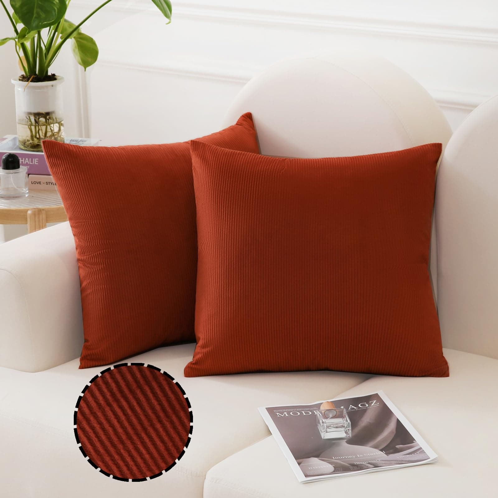JIAHANNHA Burnt Orange Throw Pillow Covers 18x18 Inches Set of 2 Soft Velvet Decorative Striped Design Square Cushion Covers for Couch Sofa Bed Livingroom Car,45x45Cm