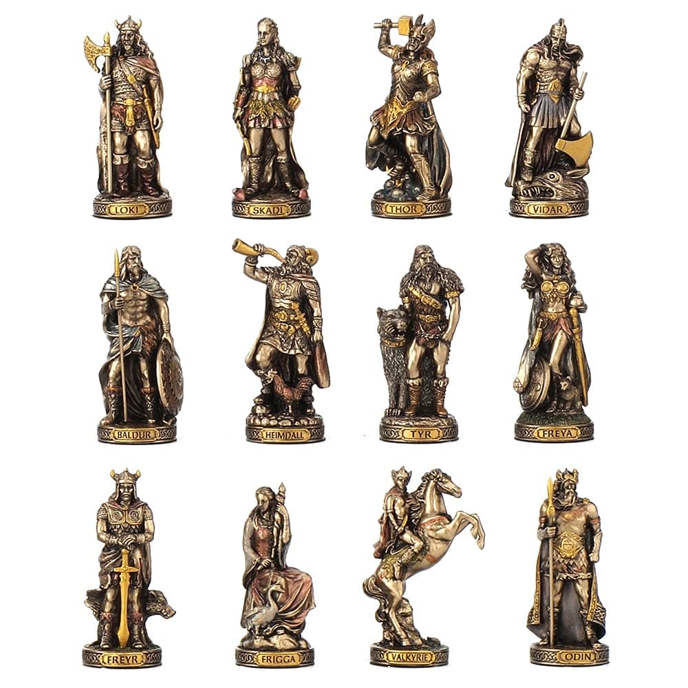 Bronze Finished 12 Piece Norse Gods and Goddesses Miniature Statue Set